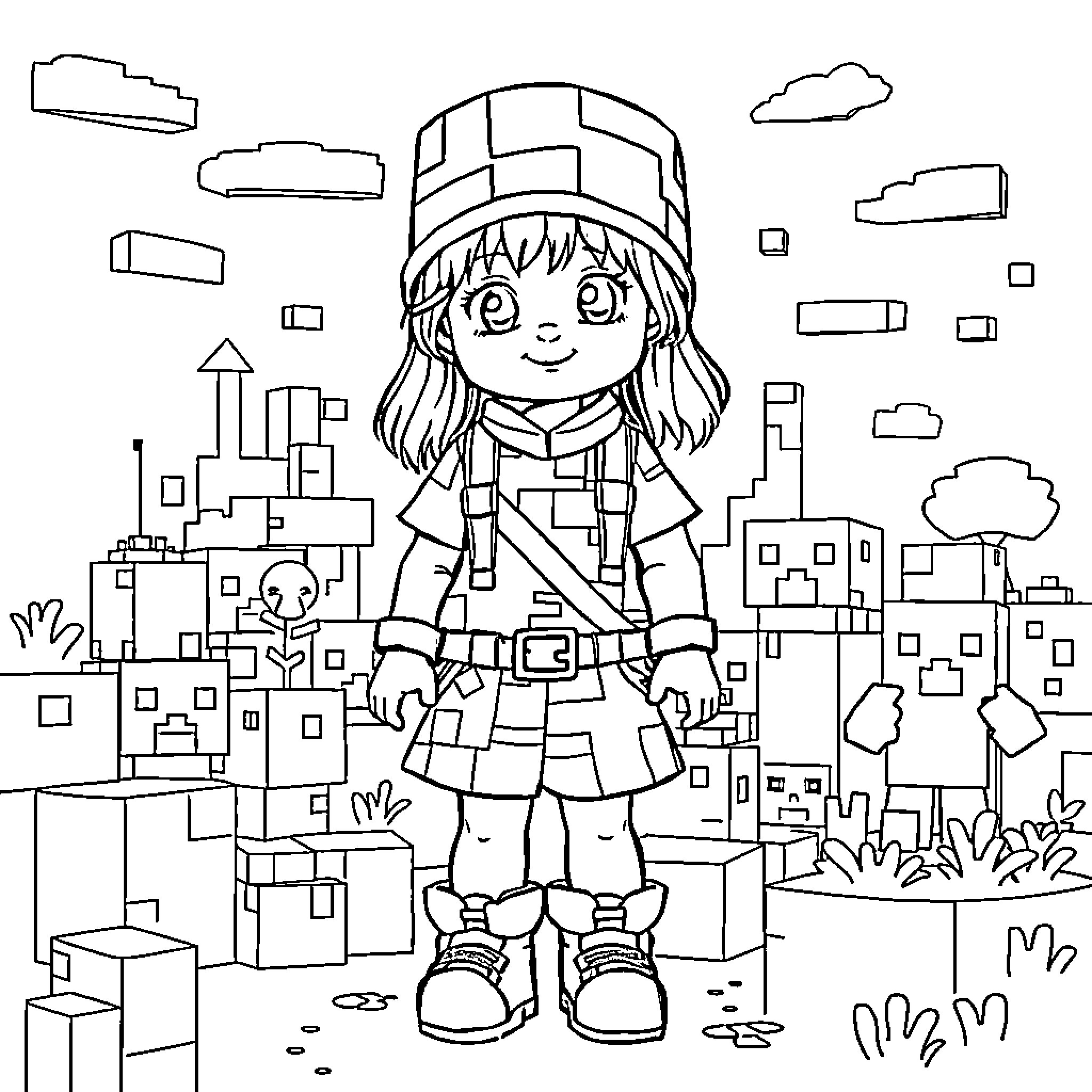 Girl exploring the city skyline Coloring Page (free black-and-white line drawing printable PDF for all, from beginners to advanced learners, including children, teens, adults, and seniors)