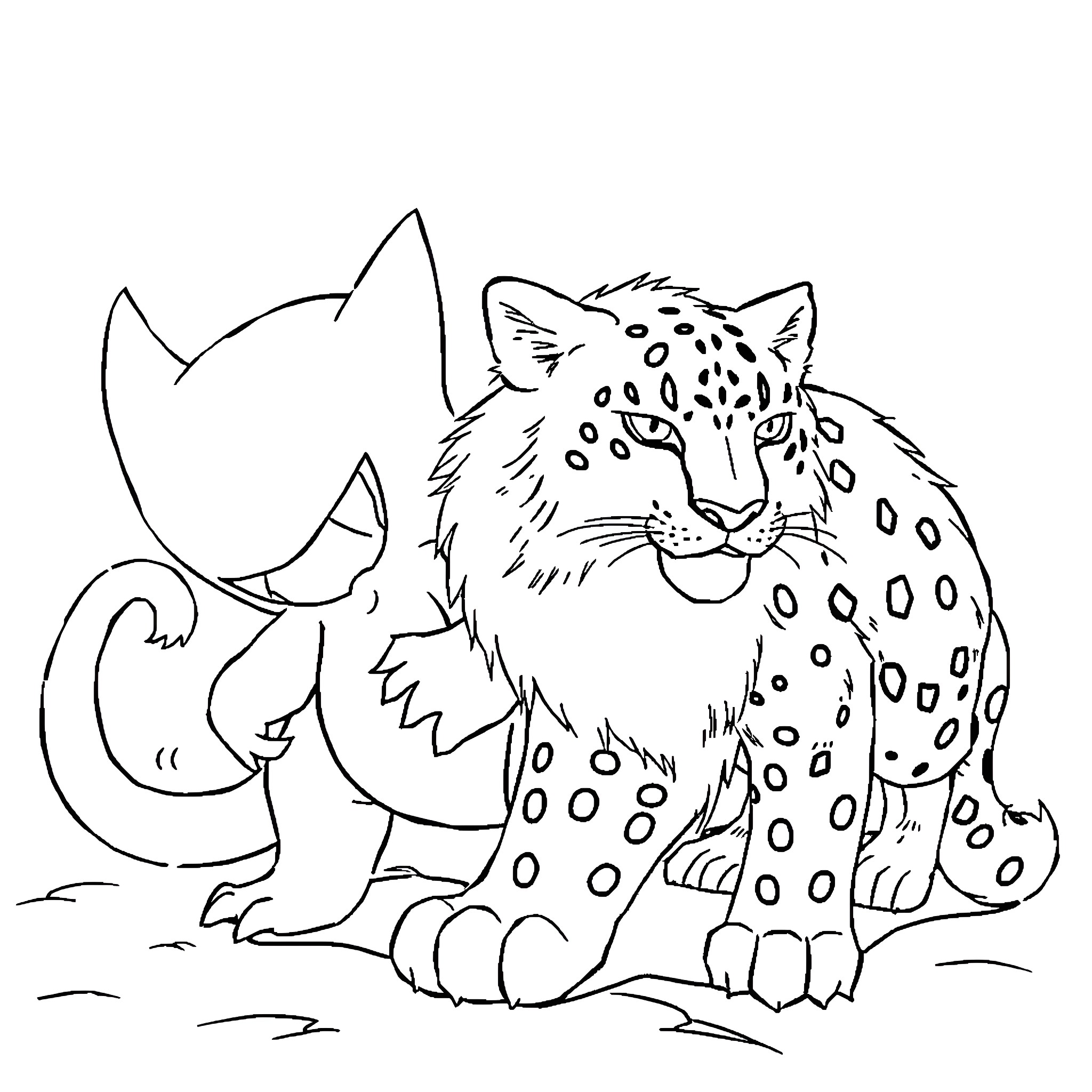 Gengar playfully interacting with a spotted feline Coloring Page (free black-and-white line drawing printable PDF for all, from beginners to advanced learners, including children, teens, adults, and seniors)