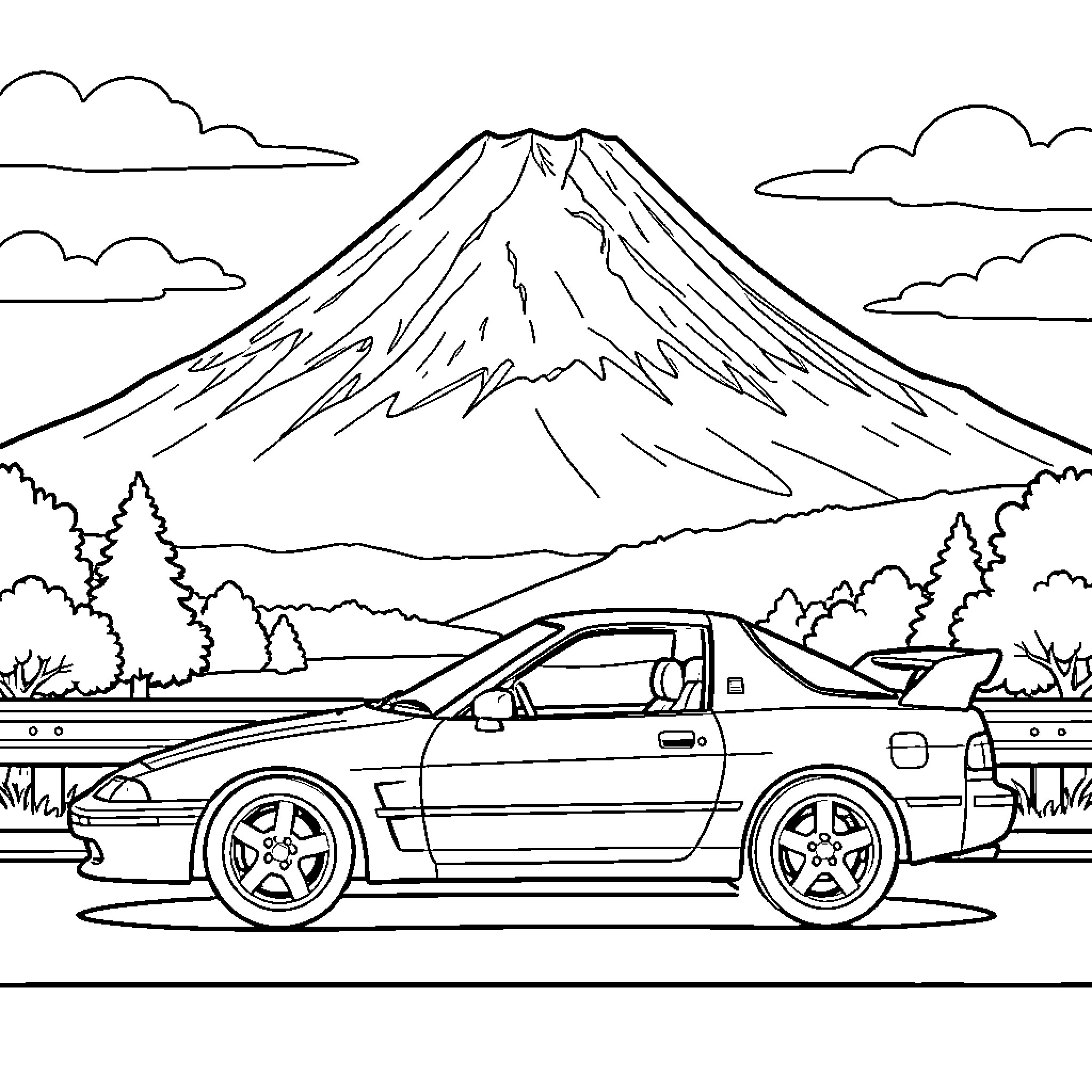 Mazda Rx7 parked in front of a majestic mountain Coloring Page (free black-and-white line drawing printable PDF for all, from beginners to advanced learners, including children, teens, adults, and seniors)