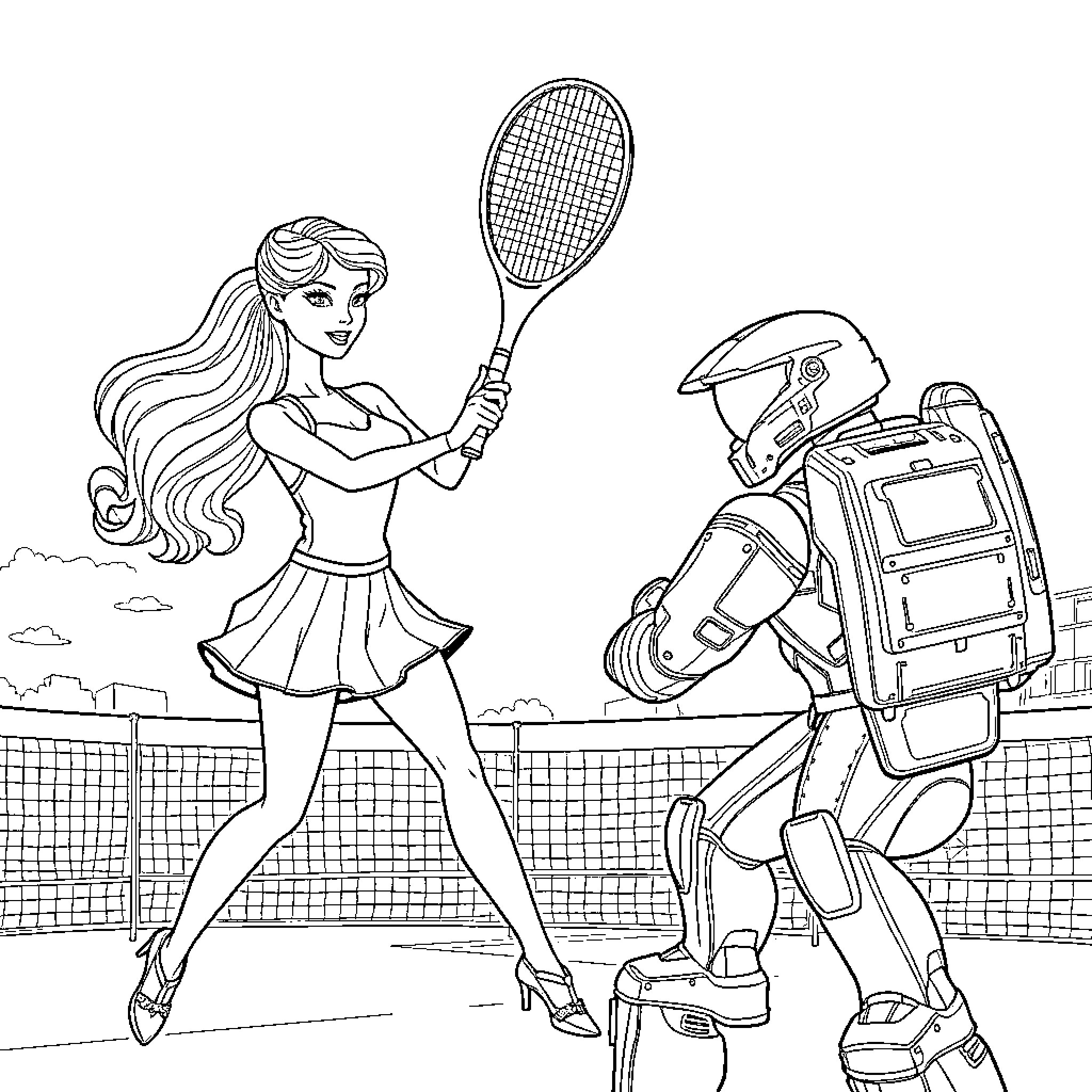 Barbie playing tennis with a robotic opponent Coloring Page (free black-and-white line drawing printable PDF for all, from beginners to advanced learners, including children, teens, adults, and seniors)