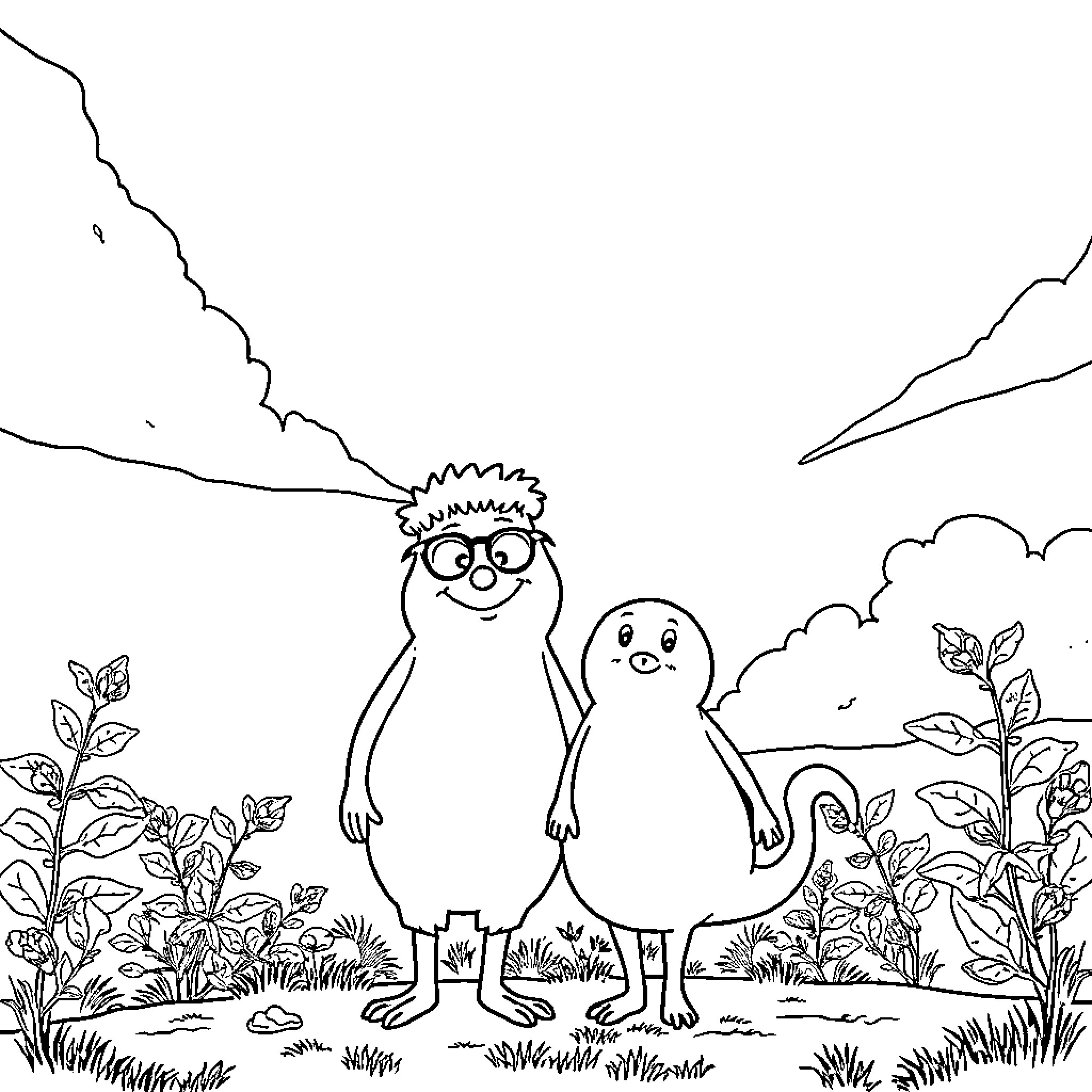 Fryeren's Whimsical Outdoor Adventure Coloring Page (free black-and-white line drawing printable PDF for all, from beginners to advanced learners, including children, teens, adults, and seniors)