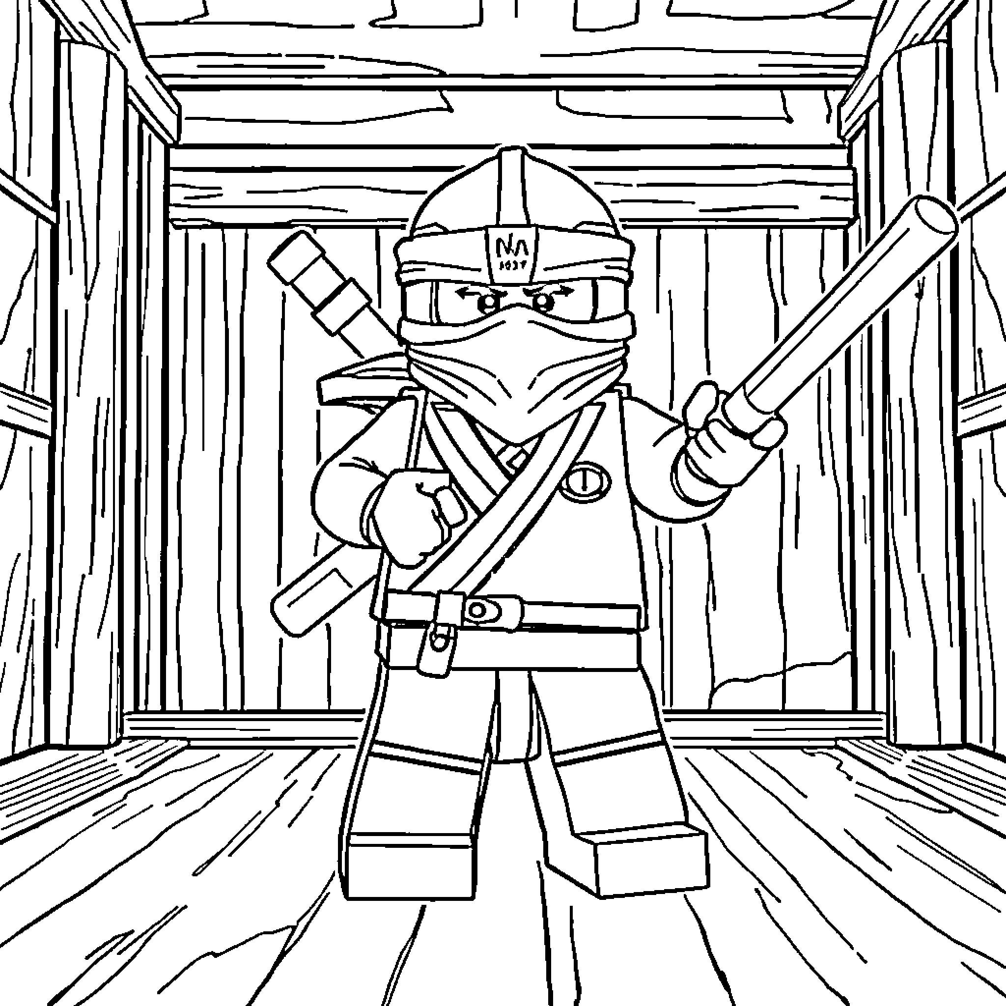 Jay the Ninja Warrior in Action Coloring Page (free black-and-white line drawing printable PDF for all, from beginners to advanced learners, including children, teens, adults, and seniors)