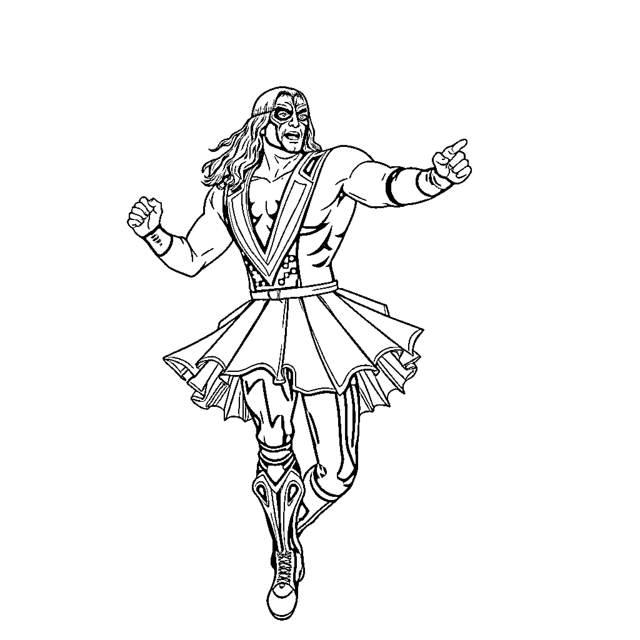 Wrestler in Theatrical Pose Coloring Page (free black-and-white line drawing printable PDF for all, from beginners to advanced learners, including children, teens, adults, and seniors)