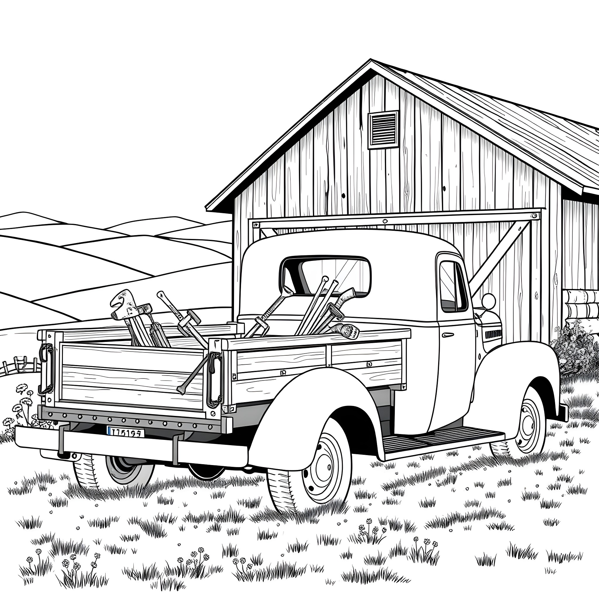 Flatbed truck parked near a rustic barn Coloring Page (free black-and-white line drawing printable PDF for all, from beginners to advanced learners, including children, teens, adults, and seniors)