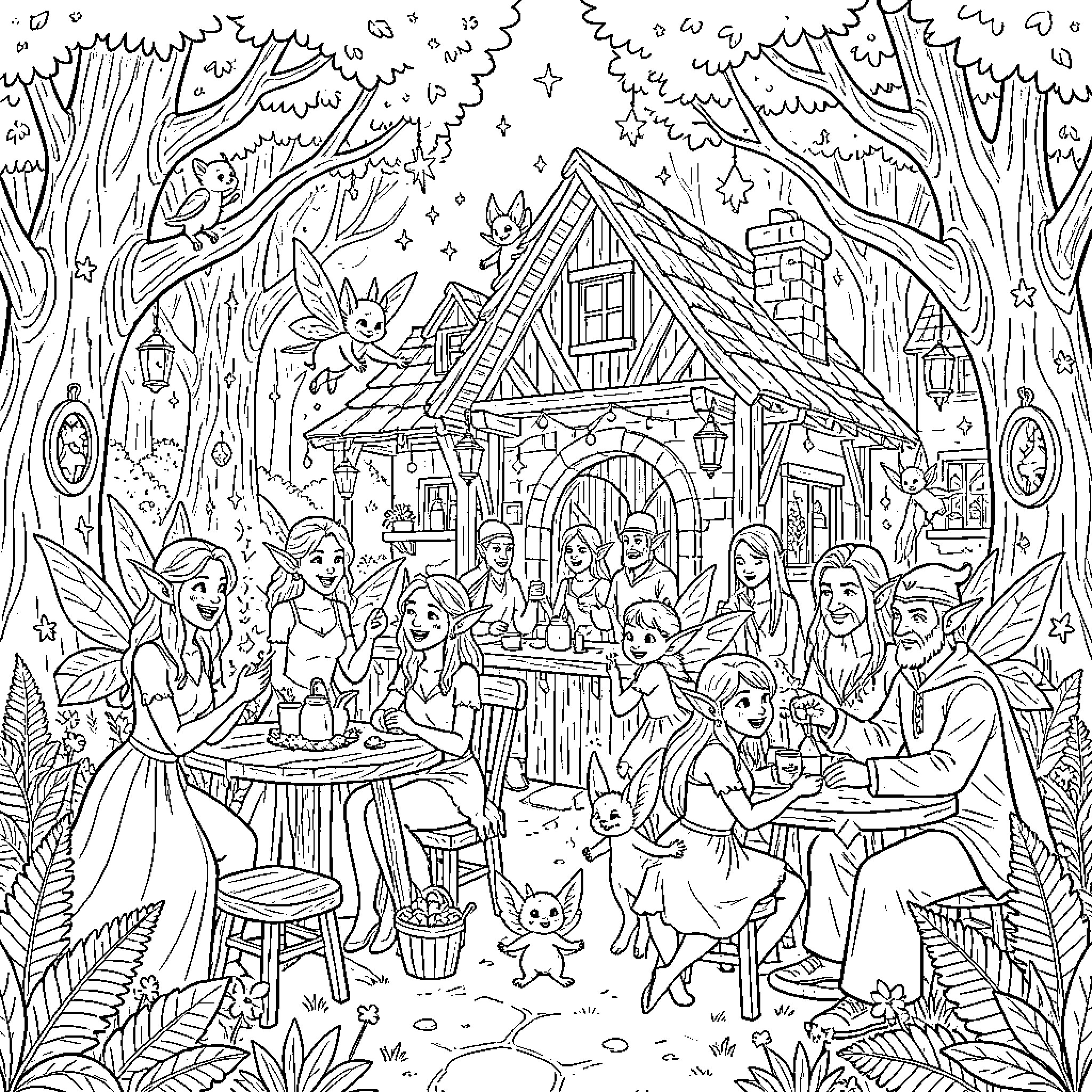 Tavern scene with lively gathering of people Coloring Page (free black-and-white line drawing printable PDF for all, from beginners to advanced learners, including children, teens, adults, and seniors)