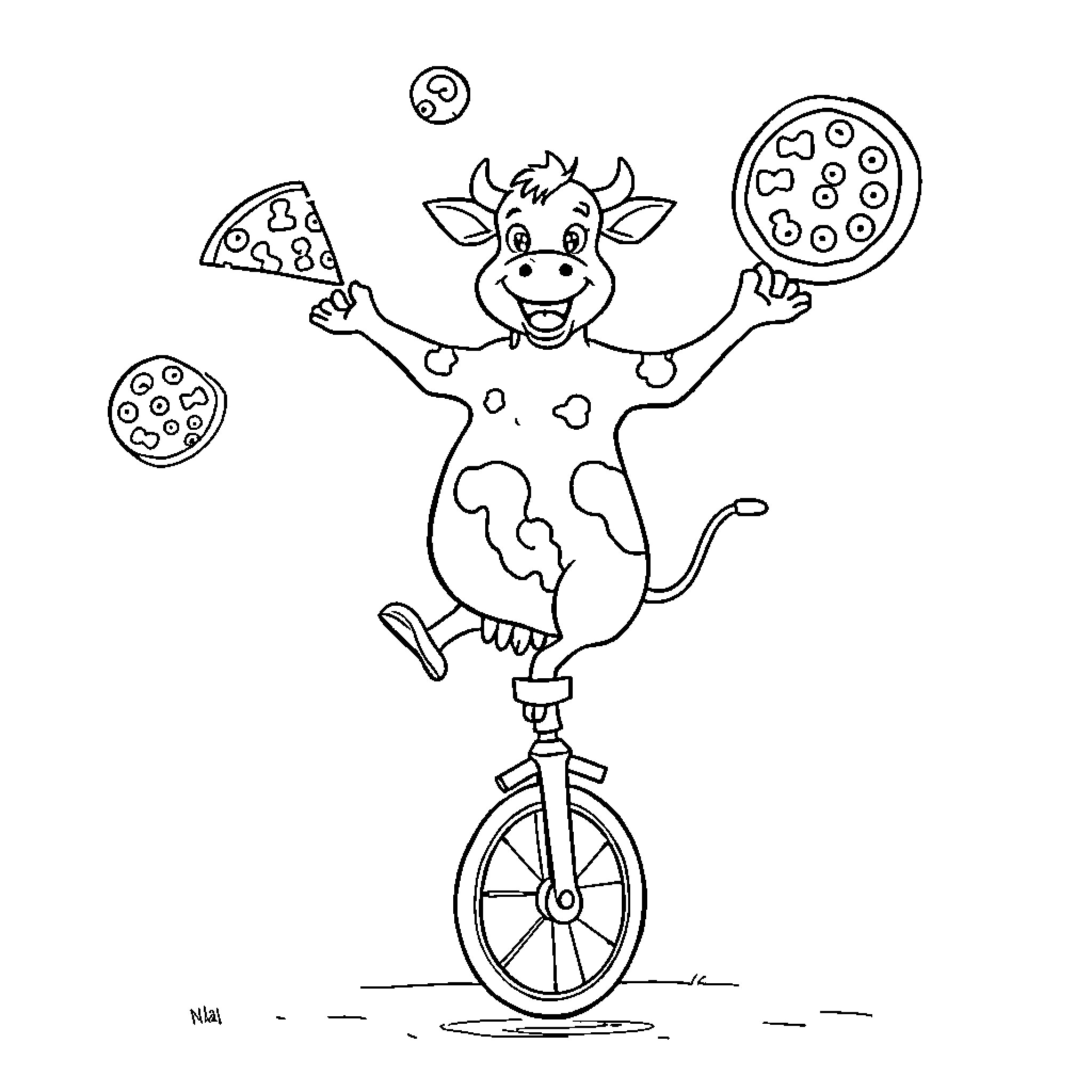Cow juggling pizzas on a unicycle Coloring Page (free black-and-white line drawing printable PDF for all, from beginners to advanced learners, including children, teens, adults, and seniors)