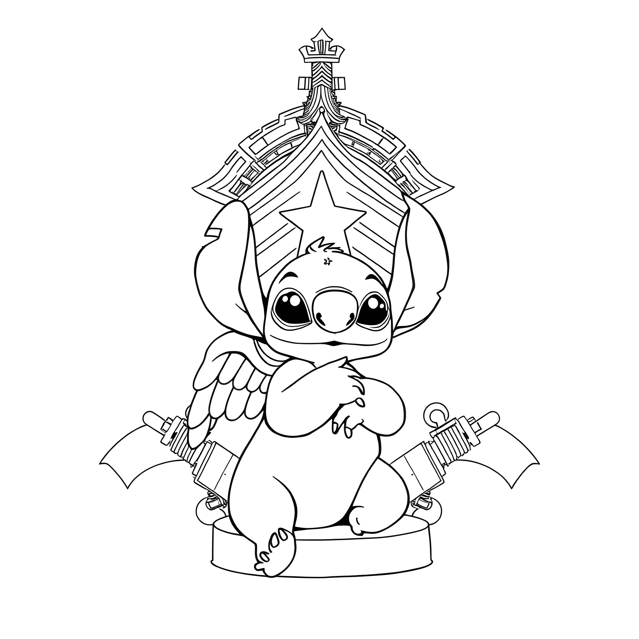 Angel Stitch in Whimsical Pose Coloring Page (free black-and-white line drawing printable PDF for all, from beginners to advanced learners, including children, teens, adults, and seniors)