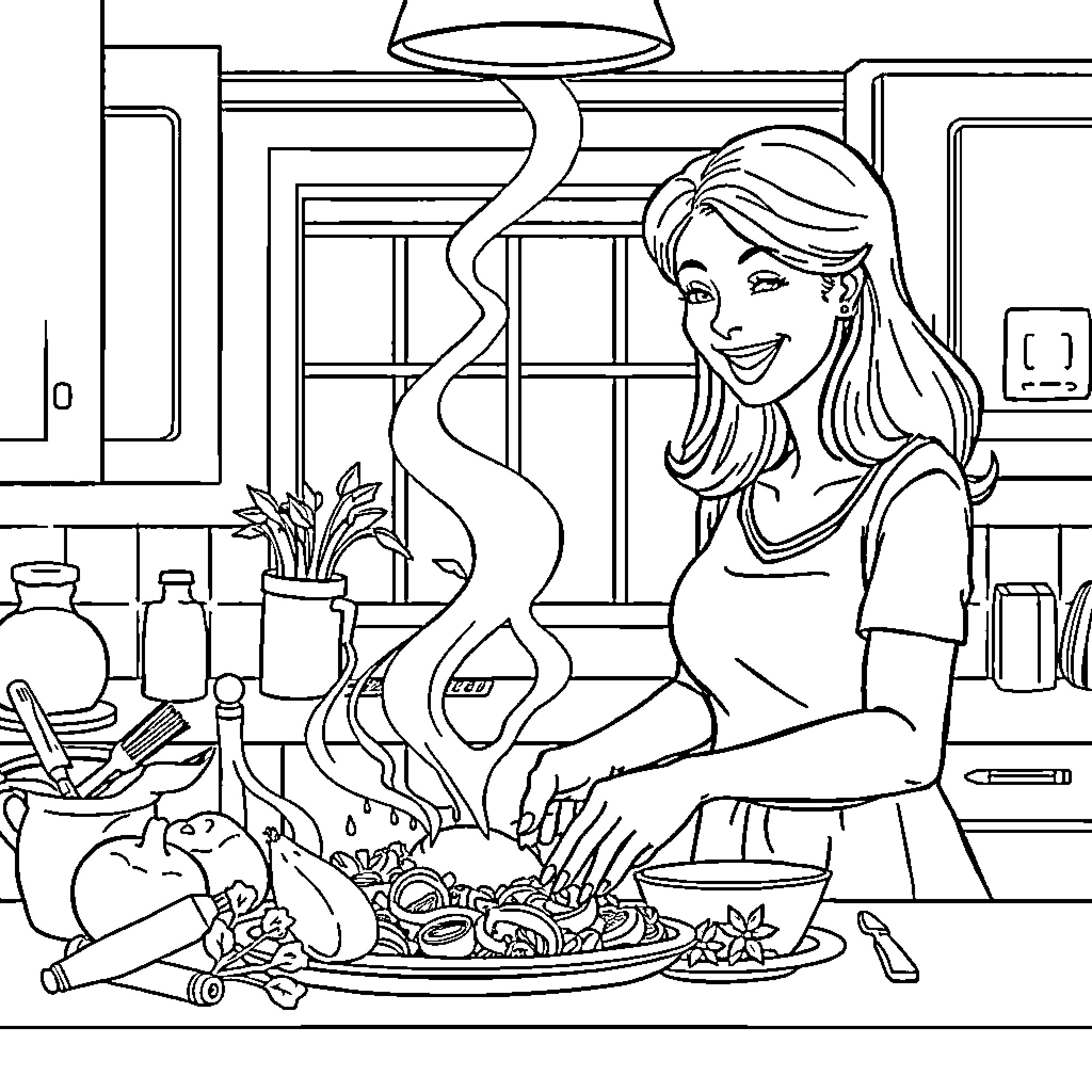 Mom preparing a delicious meal in the kitchen Coloring Page (free black-and-white line drawing printable PDF for all, from beginners to advanced learners, including children, teens, adults, and seniors)