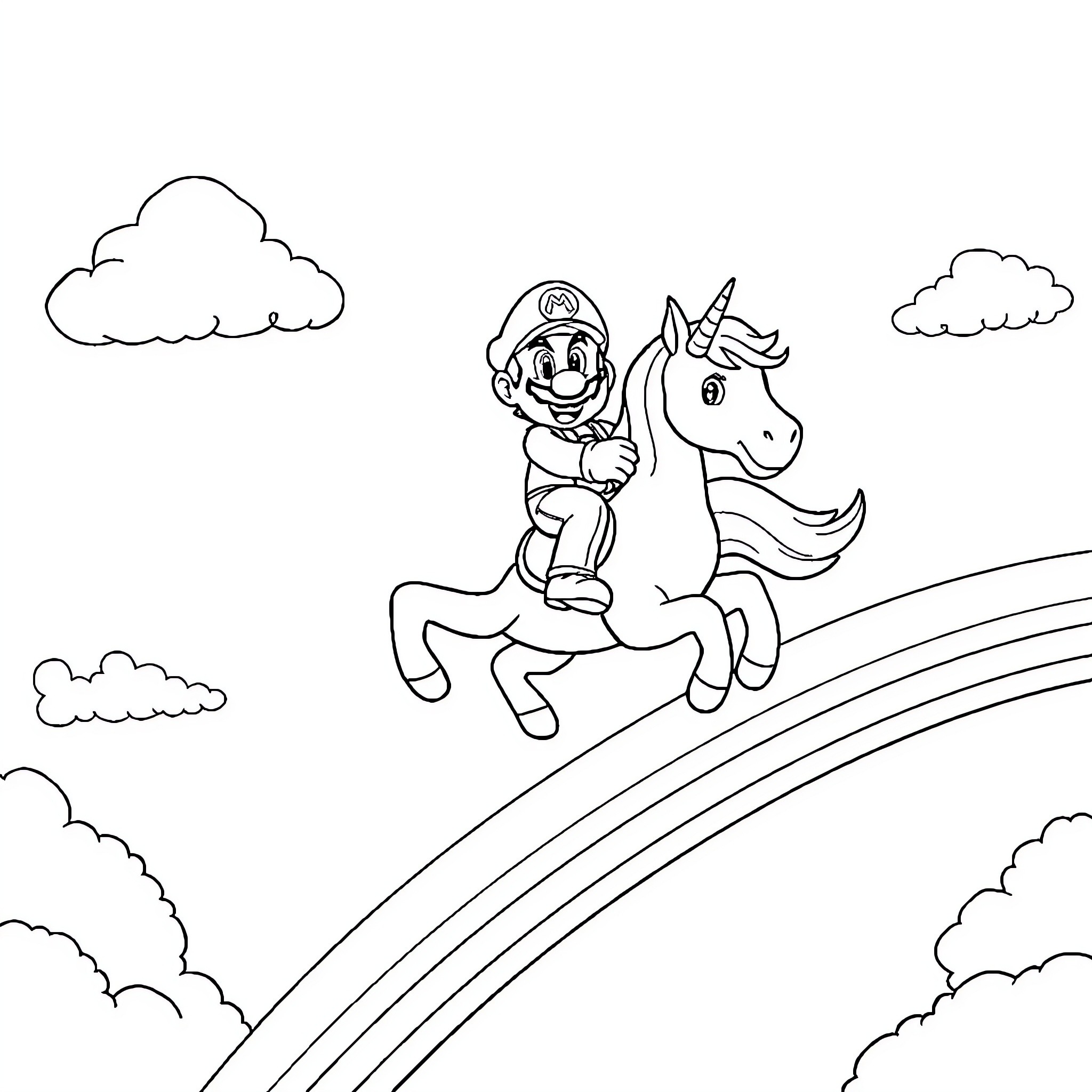 Mario riding a magical unicorn across the sky Coloring Page (free black-and-white line drawing printable PDF for all, from beginners to advanced learners, including children, teens, adults, and seniors)