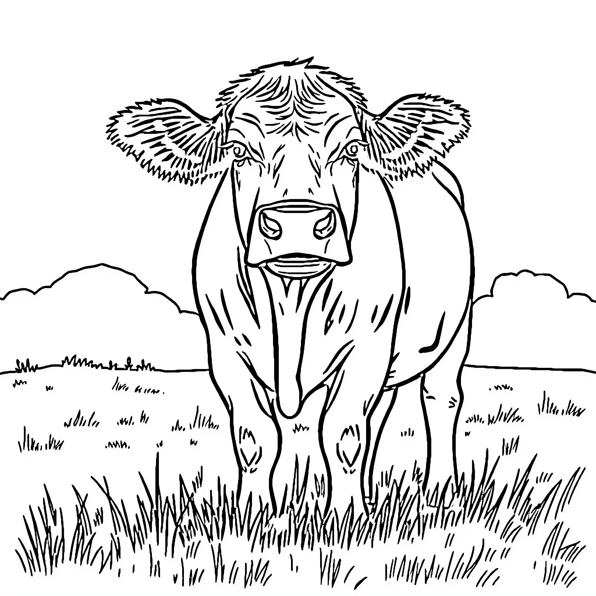 Cow standing in grassy field Coloring Page (free black-and-white line drawing printable PDF for all, from beginners to advanced learners, including children, teens, adults, and seniors)