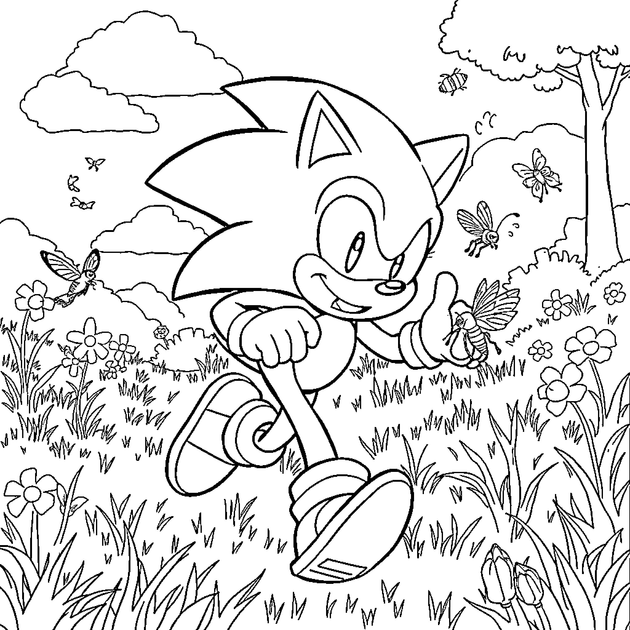 Sonic running happily through a nature scene Coloring Page (free black-and-white line drawing printable PDF for all, from beginners to advanced learners, including children, teens, adults, and seniors)