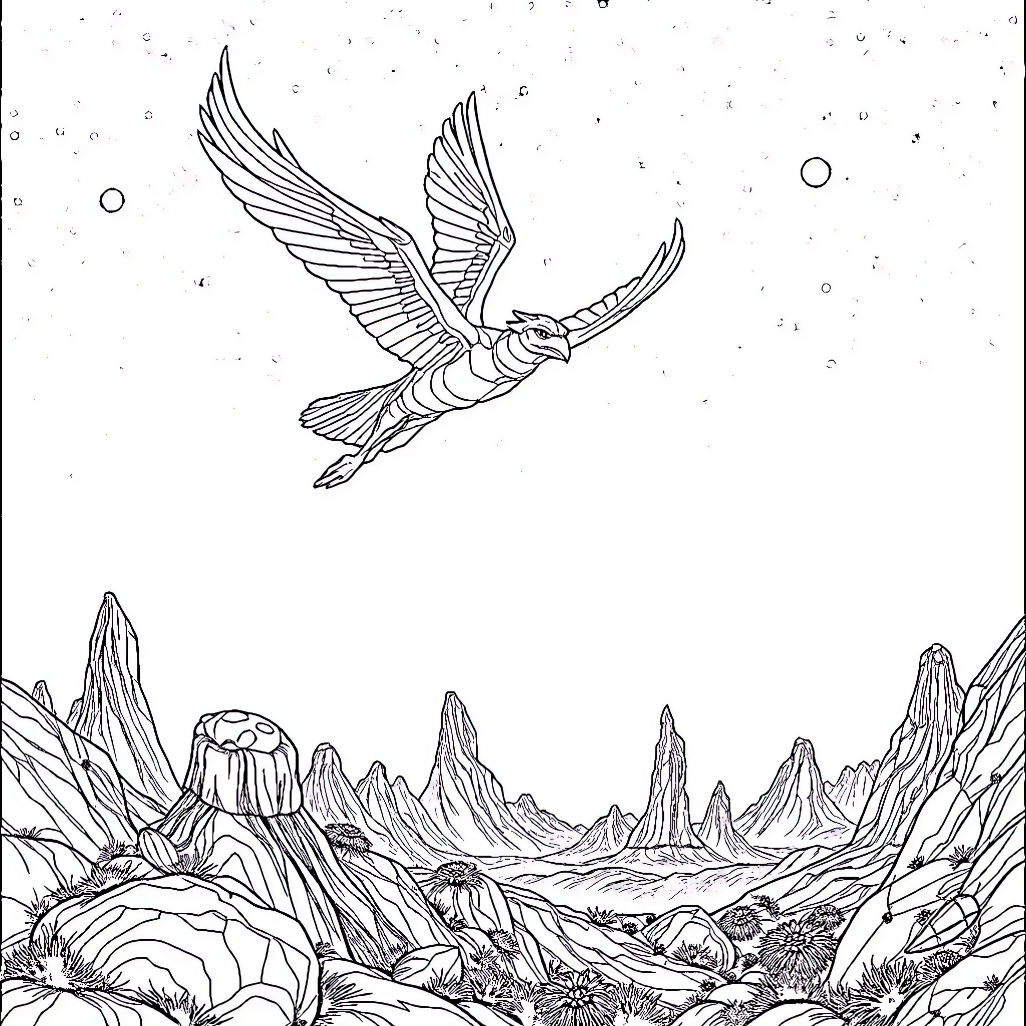 Ikran soaring over the fantastical landscape Coloring Page (free black-and-white line drawing printable PDF for all, from beginners to advanced learners, including children, teens, adults, and seniors)