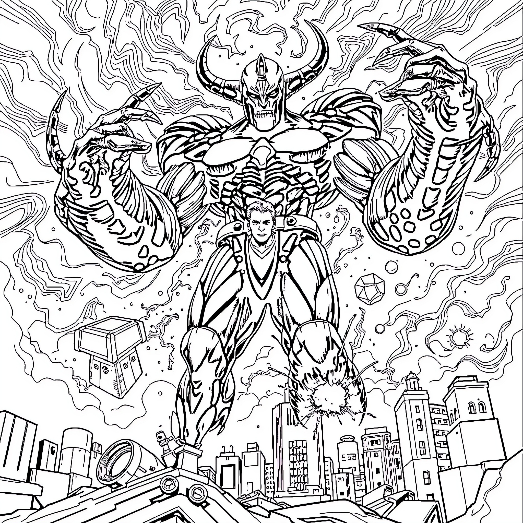 Doctor Who faces a monstrous alien threat in the city Coloring Page (free black-and-white line drawing printable PDF for all, from beginners to advanced learners, including children, teens, adults, and seniors)