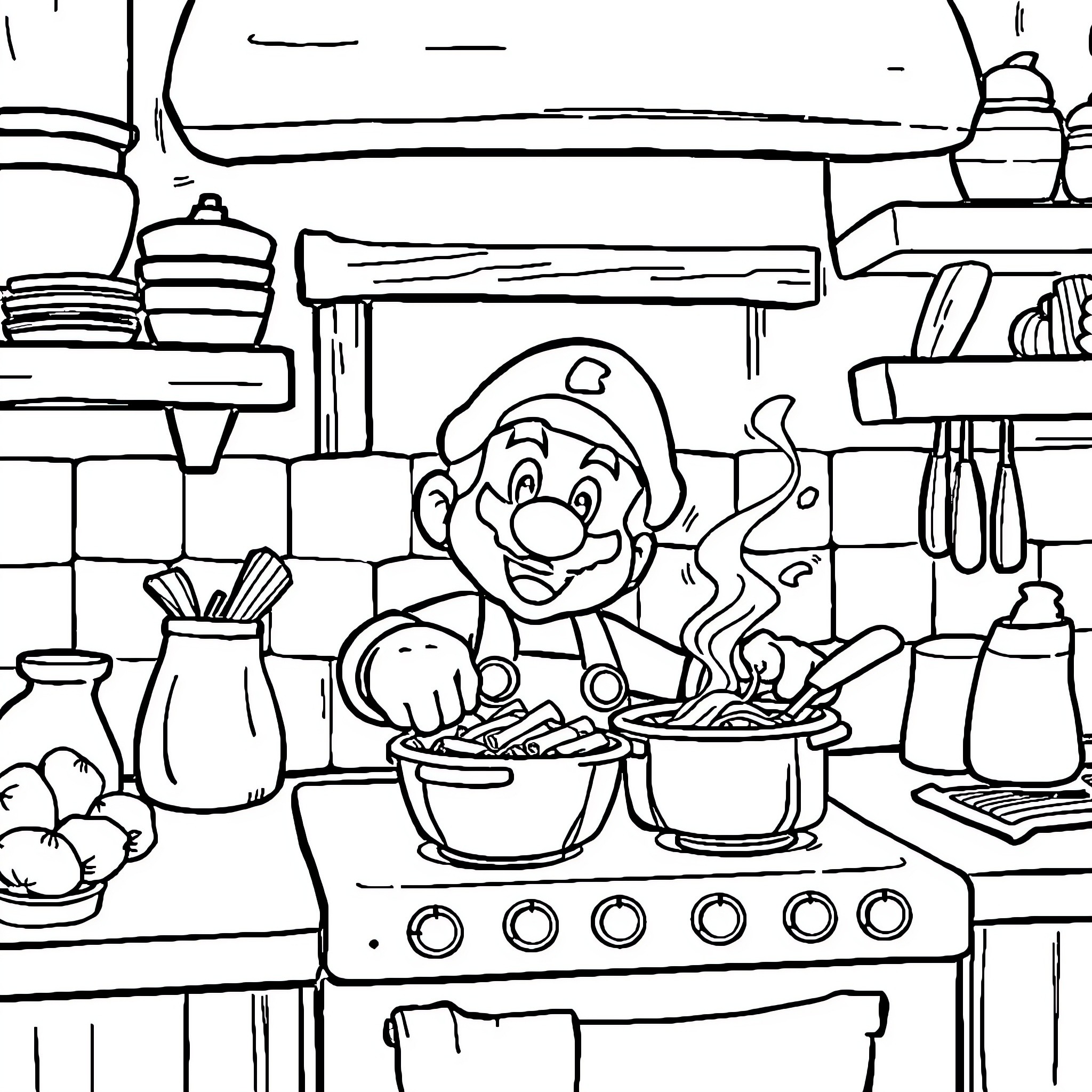 Mario Cooking Delicious Dishes in the Kitchen Coloring Page (free black-and-white line drawing printable PDF for all, from beginners to advanced learners, including children, teens, adults, and seniors)