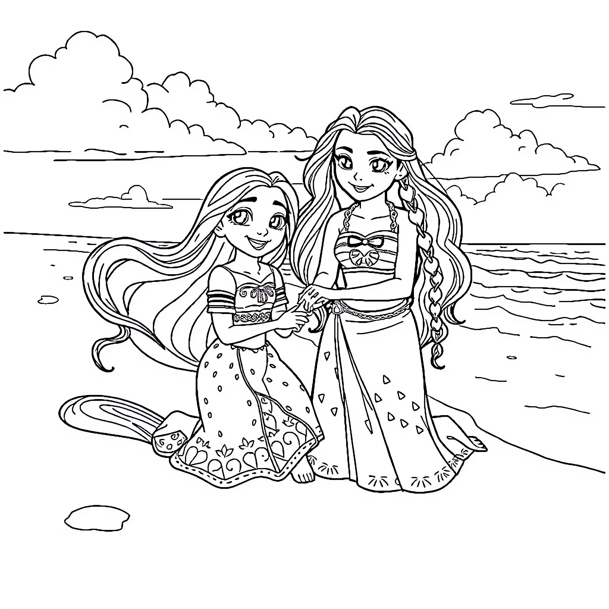 Rapunzel sisters enjoying a day at the beach Coloring Page (free black-and-white line drawing printable PDF for all, from beginners to advanced learners, including children, teens, adults, and seniors)