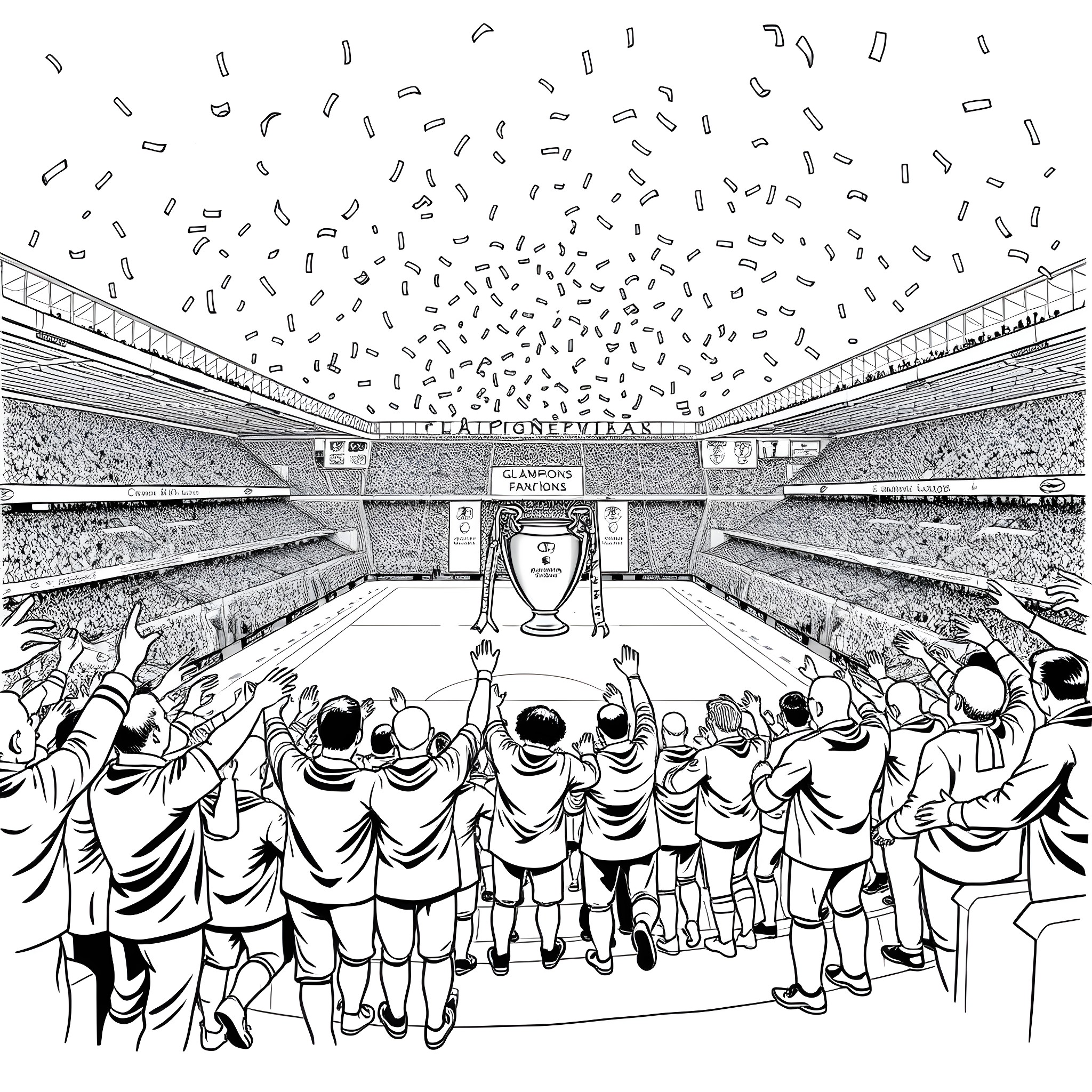 Glasgow Rangers win trophy in packed stadium Coloring Page (free black-and-white line drawing printable PDF for all, from beginners to advanced learners, including children, teens, adults, and seniors)
