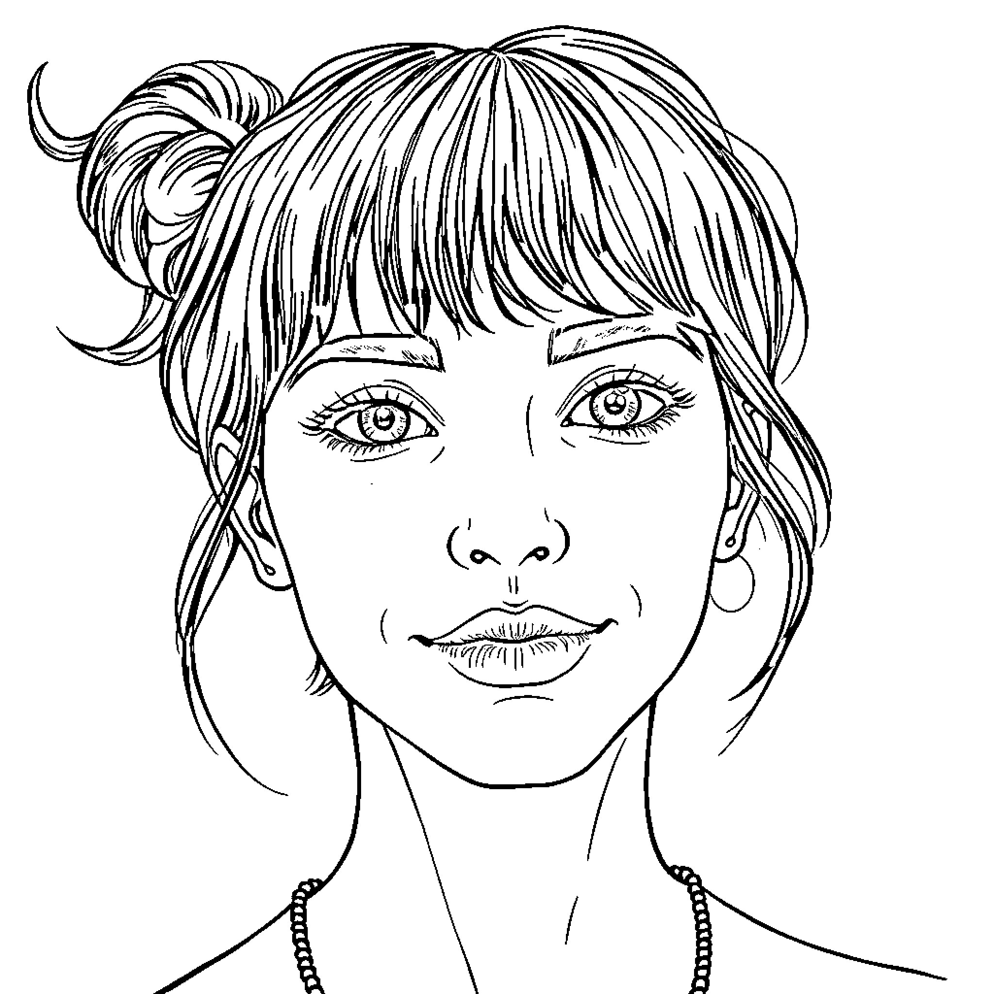 Self Portrait of a Thoughtful Woman Coloring Page (free black-and-white line drawing printable PDF for all, from beginners to advanced learners, including children, teens, adults, and seniors)
