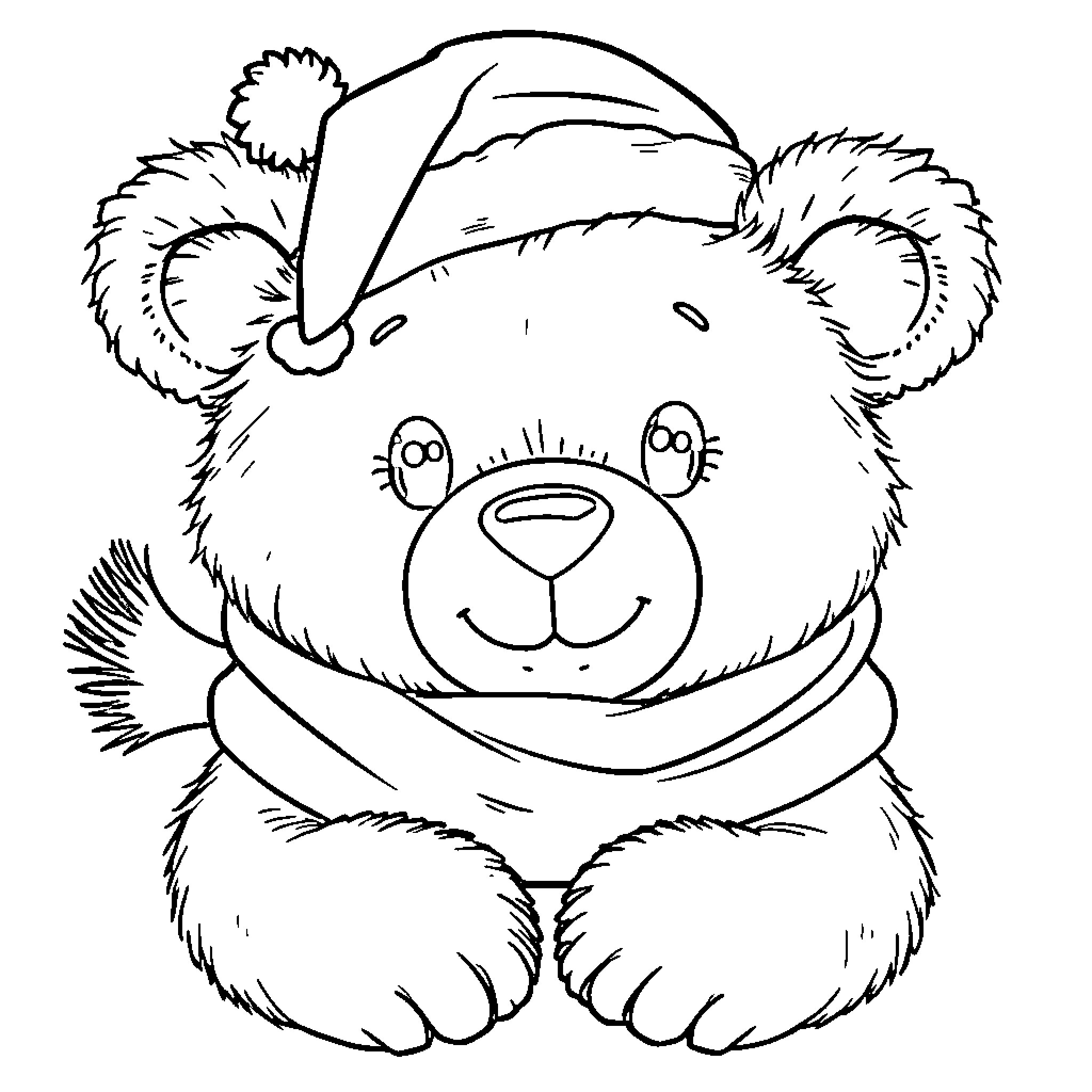 Bear wearing a Santa hat and scarf Coloring Page (free black-and-white line drawing printable PDF for all, from beginners to advanced learners, including children, teens, adults, and seniors)