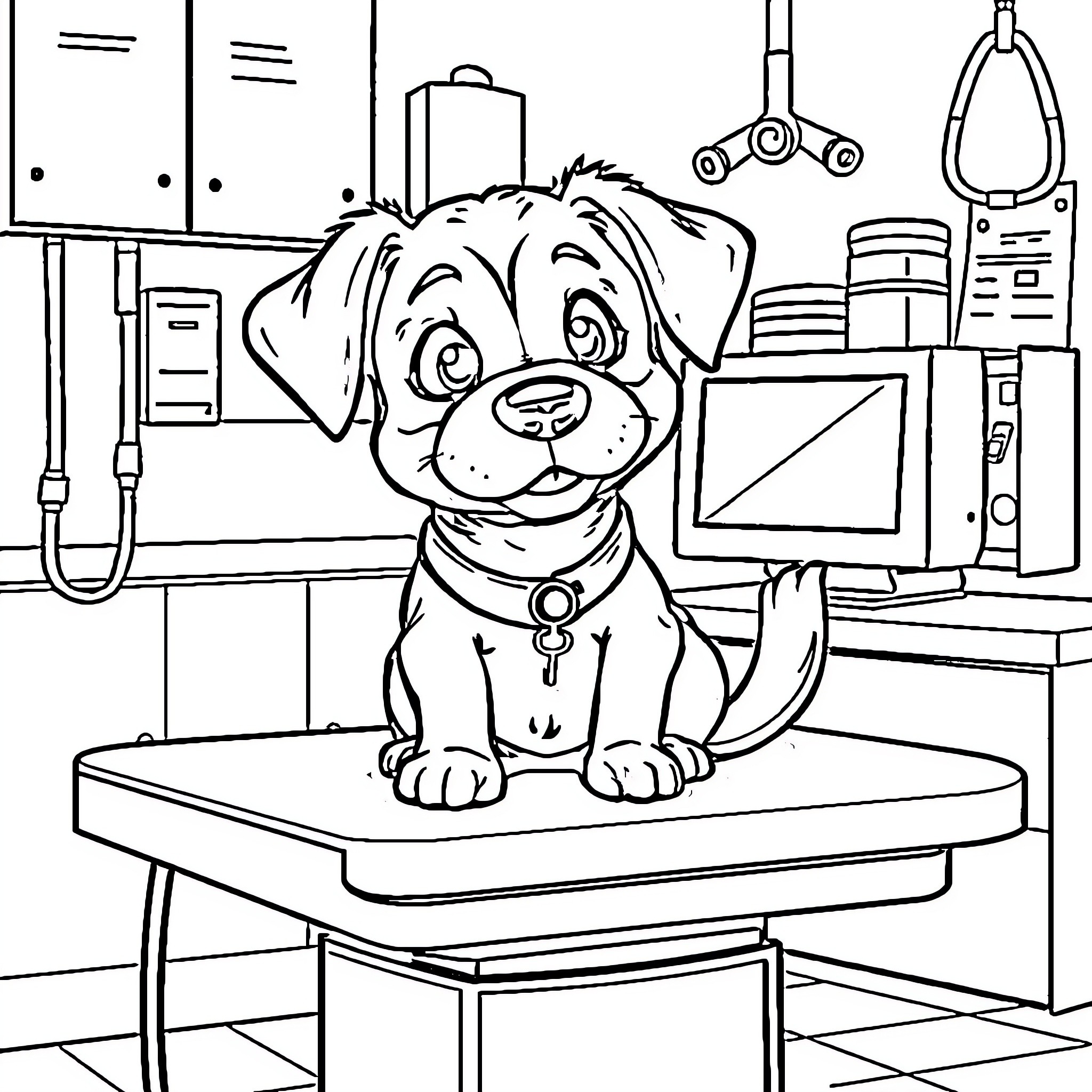 Dog sitting in a veterinary clinic Coloring Page (free black-and-white line drawing printable PDF for all, from beginners to advanced learners, including children, teens, adults, and seniors)