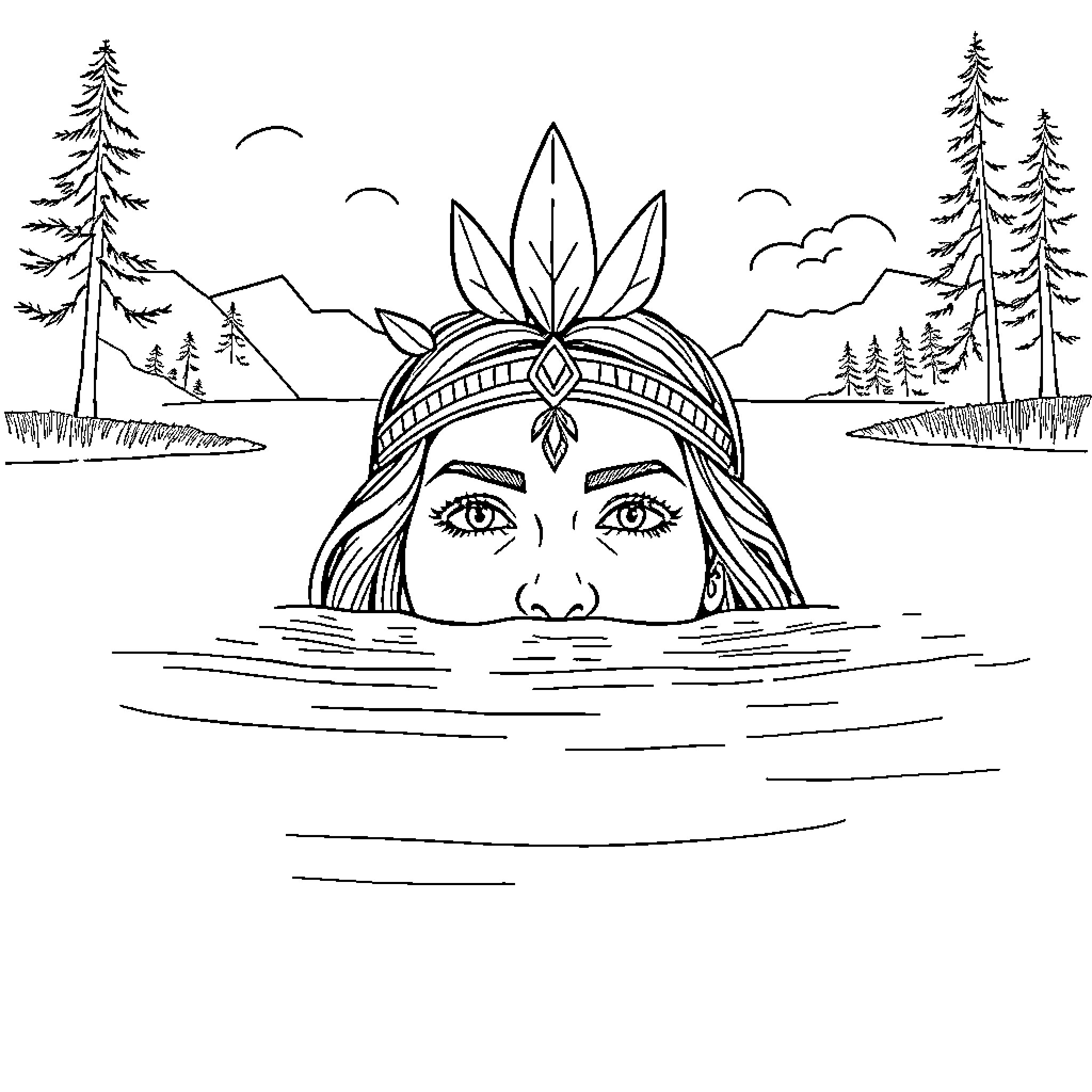 Woman emerges from serene lake surrounded by nature Coloring Page (free black-and-white line drawing printable PDF for all, from beginners to advanced learners, including children, teens, adults, and seniors)