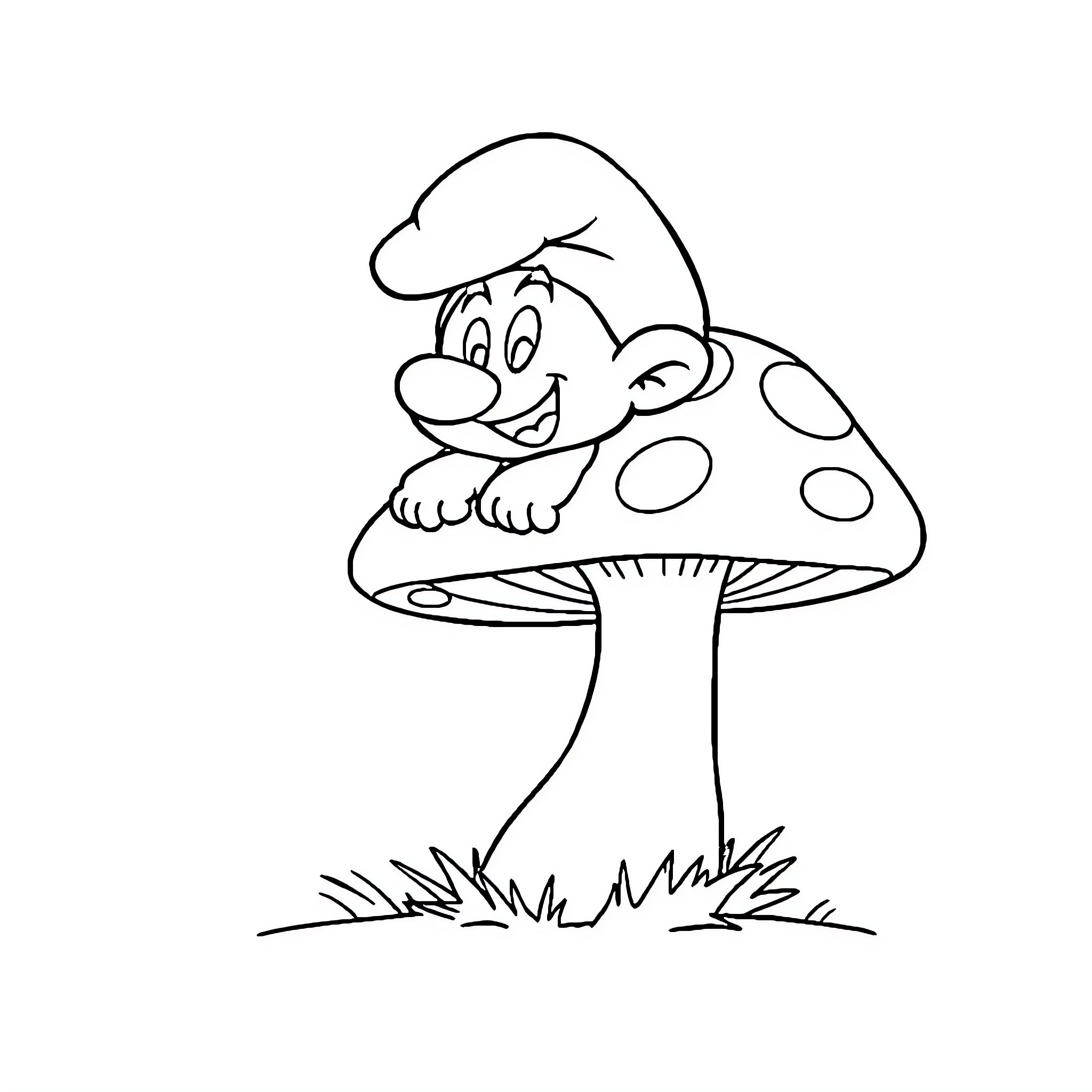 Smurf peeking out from mushroom Coloring Page (free black-and-white line drawing printable PDF for all, from beginners to advanced learners, including children, teens, adults, and seniors)