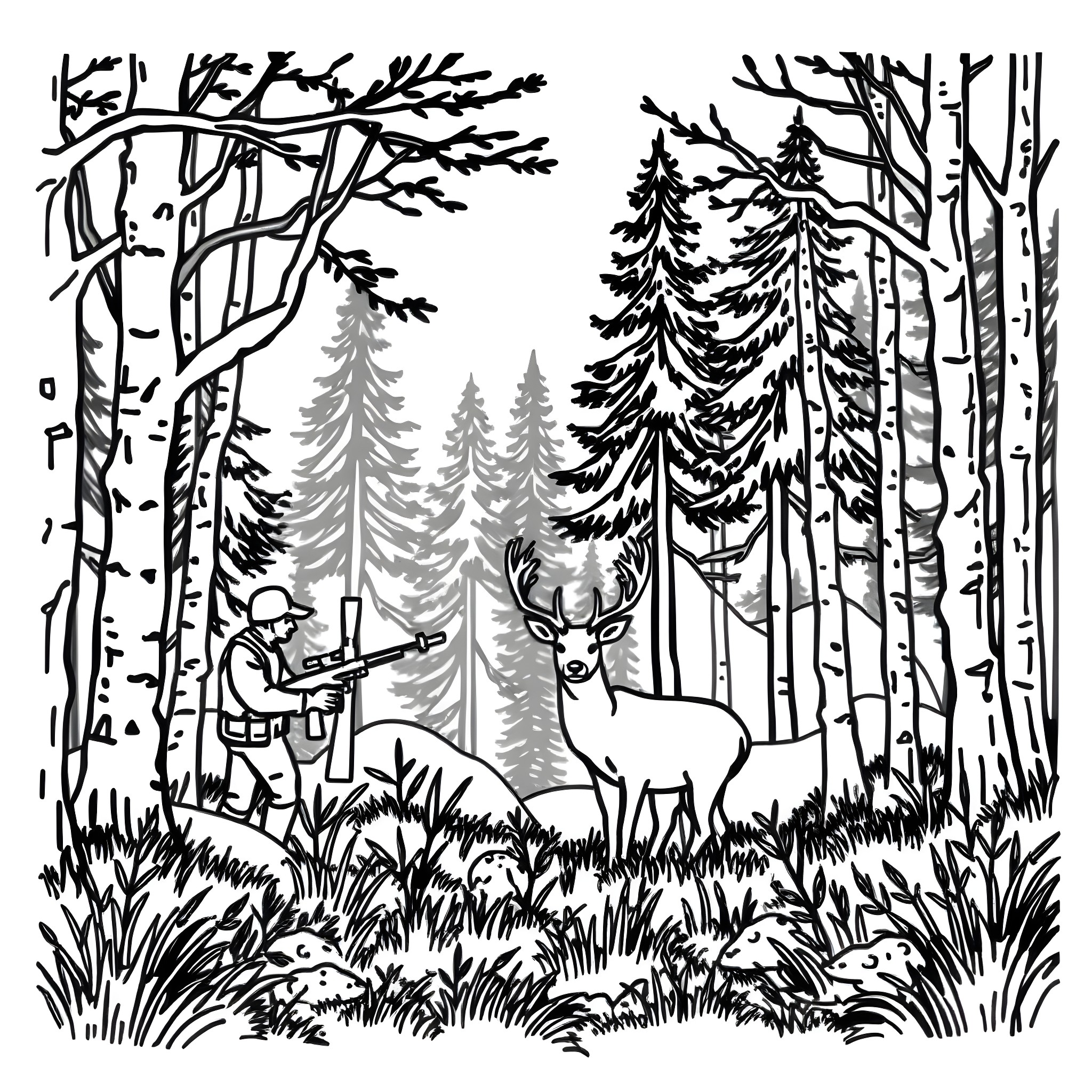 Deer resting peacefully in the tranquil forest Coloring Page (free black-and-white line drawing printable PDF for all, from beginners to advanced learners, including children, teens, adults, and seniors)