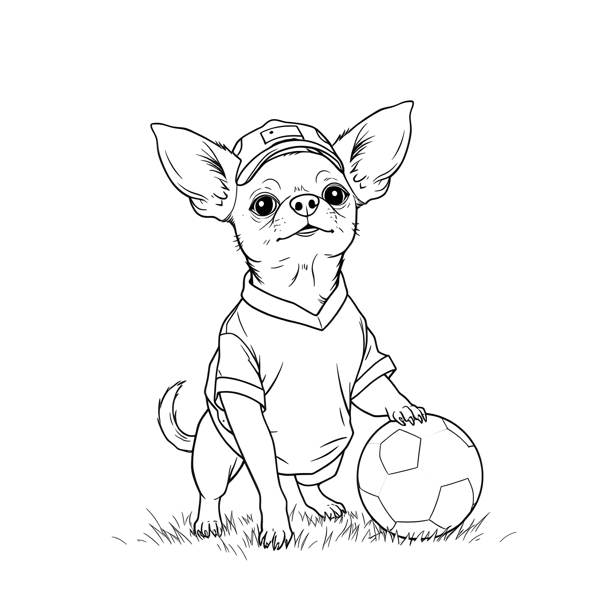 Chihuahua playing with soccer ball Coloring Page (free black-and-white line drawing printable PDF for all, from beginners to advanced learners, including children, teens, adults, and seniors)