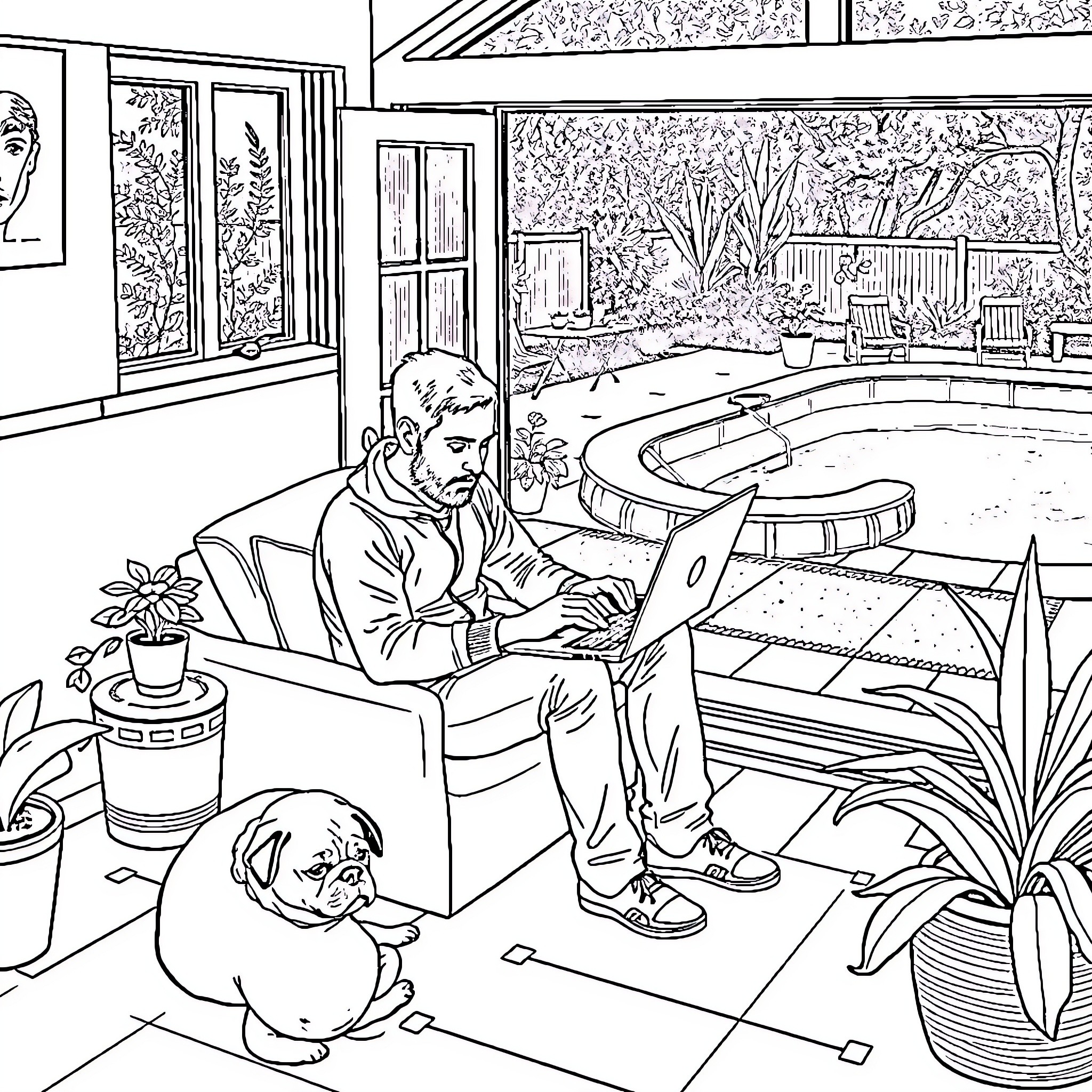 Man working on laptop with dog nearby in cozy home Coloring Page (free black-and-white line drawing printable PDF for all, from beginners to advanced learners, including children, teens, adults, and seniors)