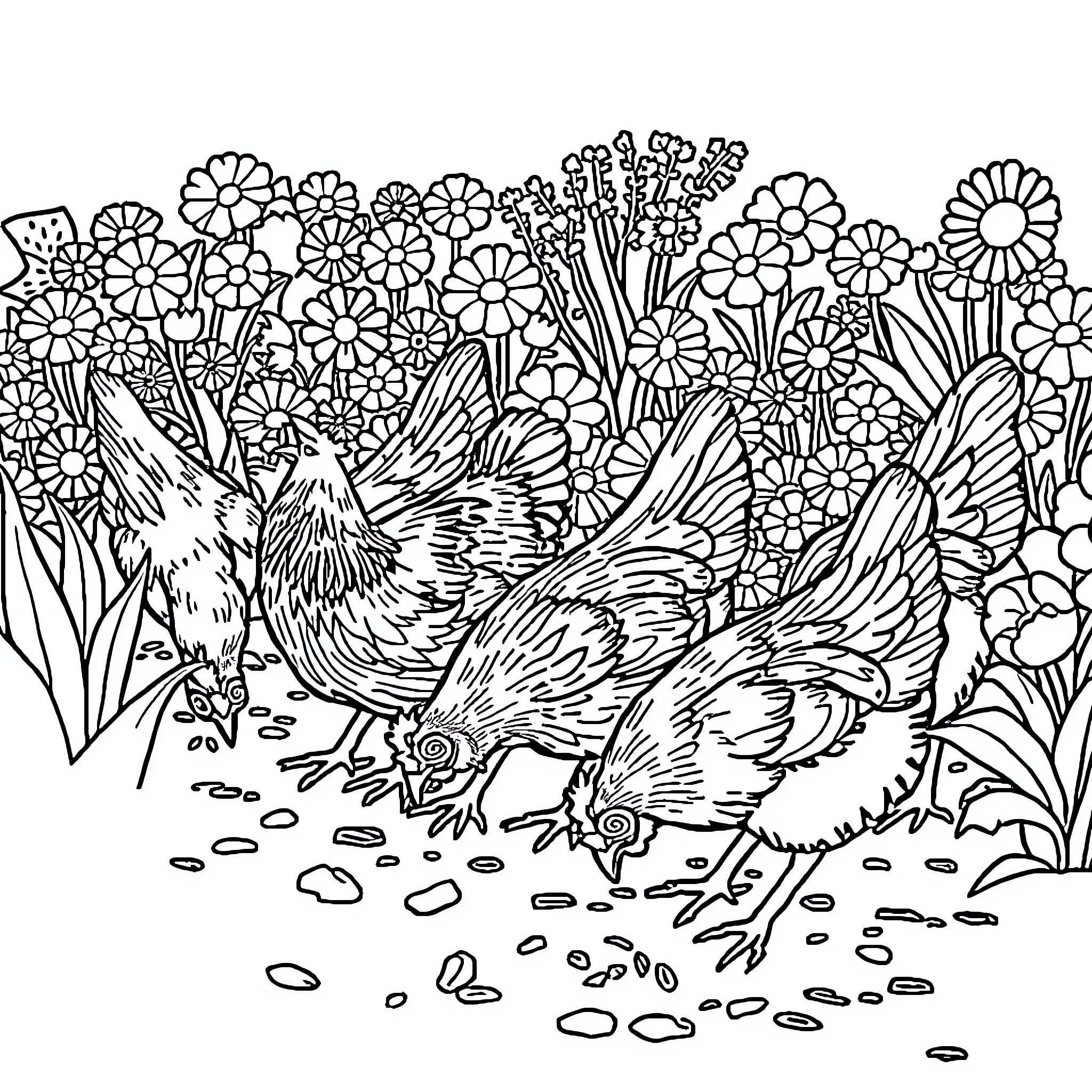 Chicken foraging amid blooming flowers Coloring Page (free black-and-white line drawing printable PDF for all, from beginners to advanced learners, including children, teens, adults, and seniors)