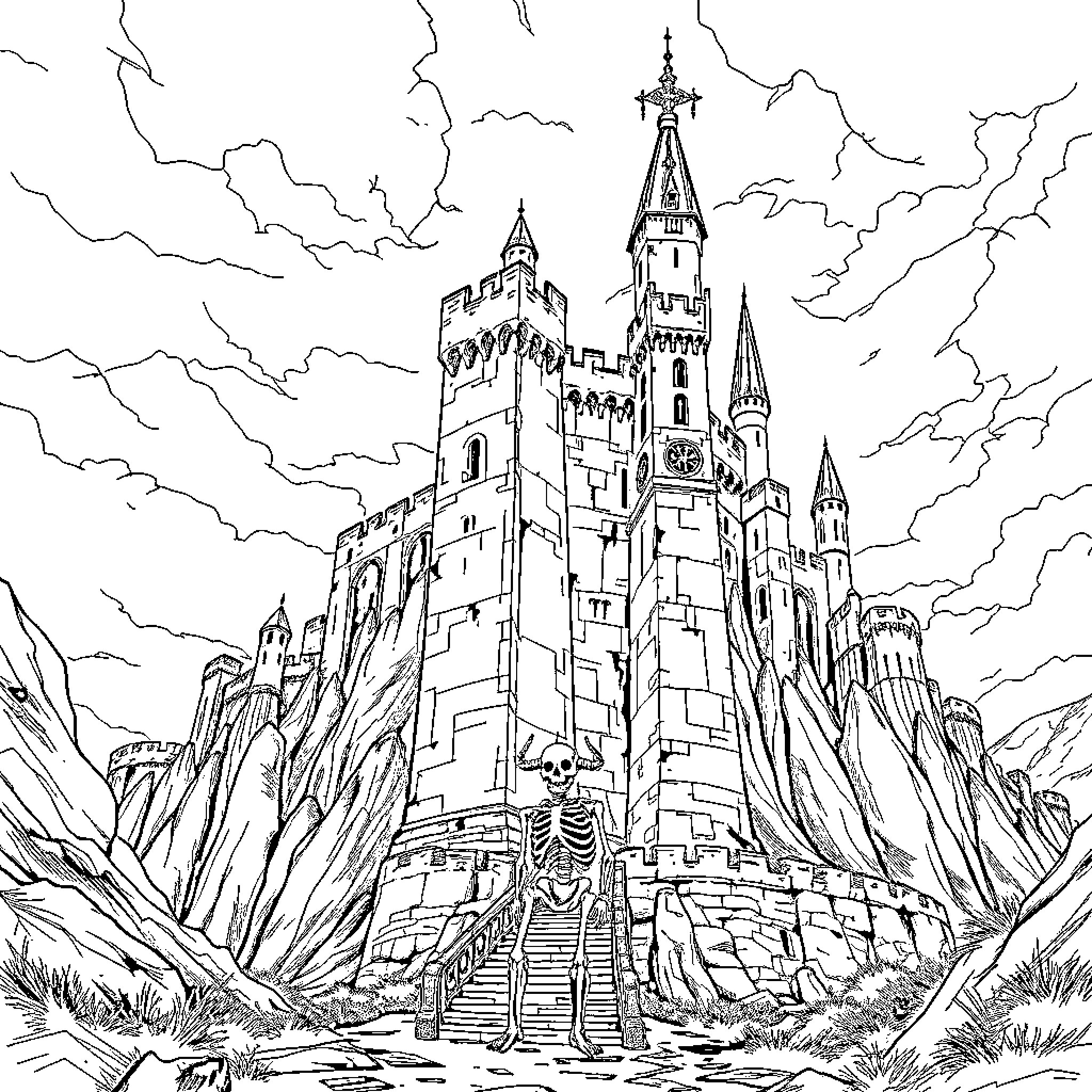 Skeleton guarding a haunted castle on a rocky outcrop Coloring Page (free black-and-white line drawing printable PDF for all, from beginners to advanced learners, including children, teens, adults, and seniors)