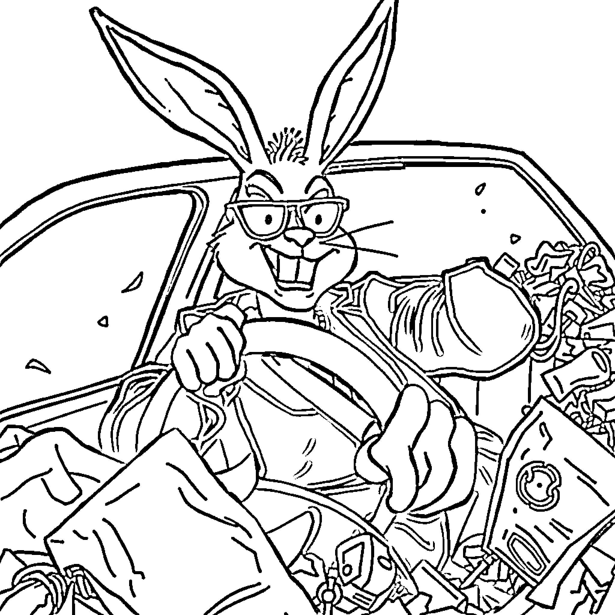 Bad Bunny driving chaotically in a vehicle Coloring Page (free black-and-white line drawing printable PDF for all, from beginners to advanced learners, including children, teens, adults, and seniors)