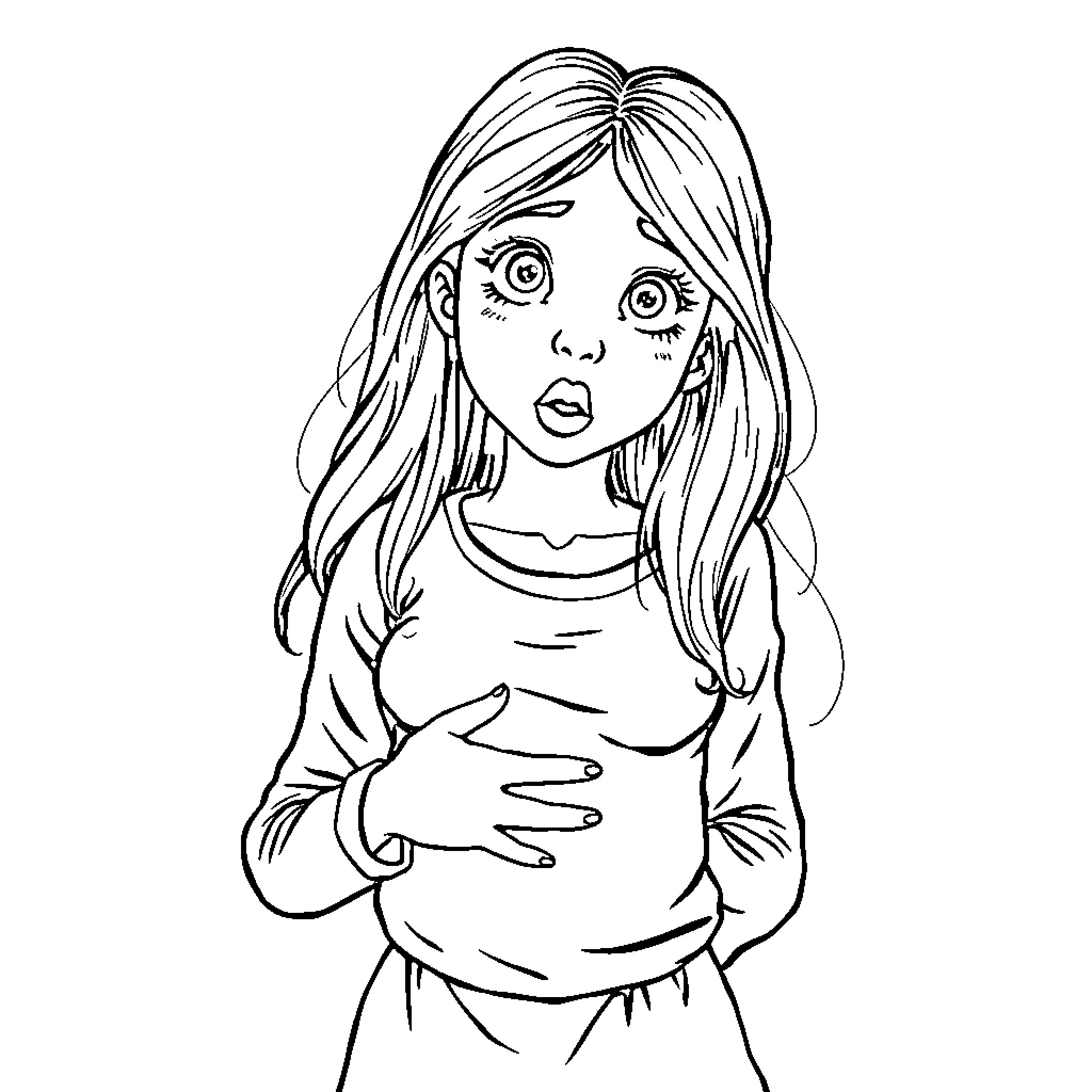 Girl with expressive features and long hair Coloring Page (free black-and-white line drawing printable PDF for all, from beginners to advanced learners, including children, teens, adults, and seniors)