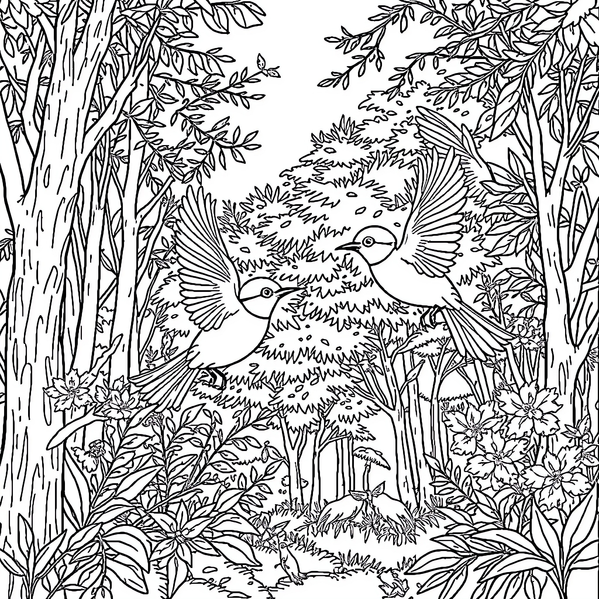 Bird flying through lush jungle foliage Coloring Page (free black-and-white line drawing printable PDF for all, from beginners to advanced learners, including children, teens, adults, and seniors)