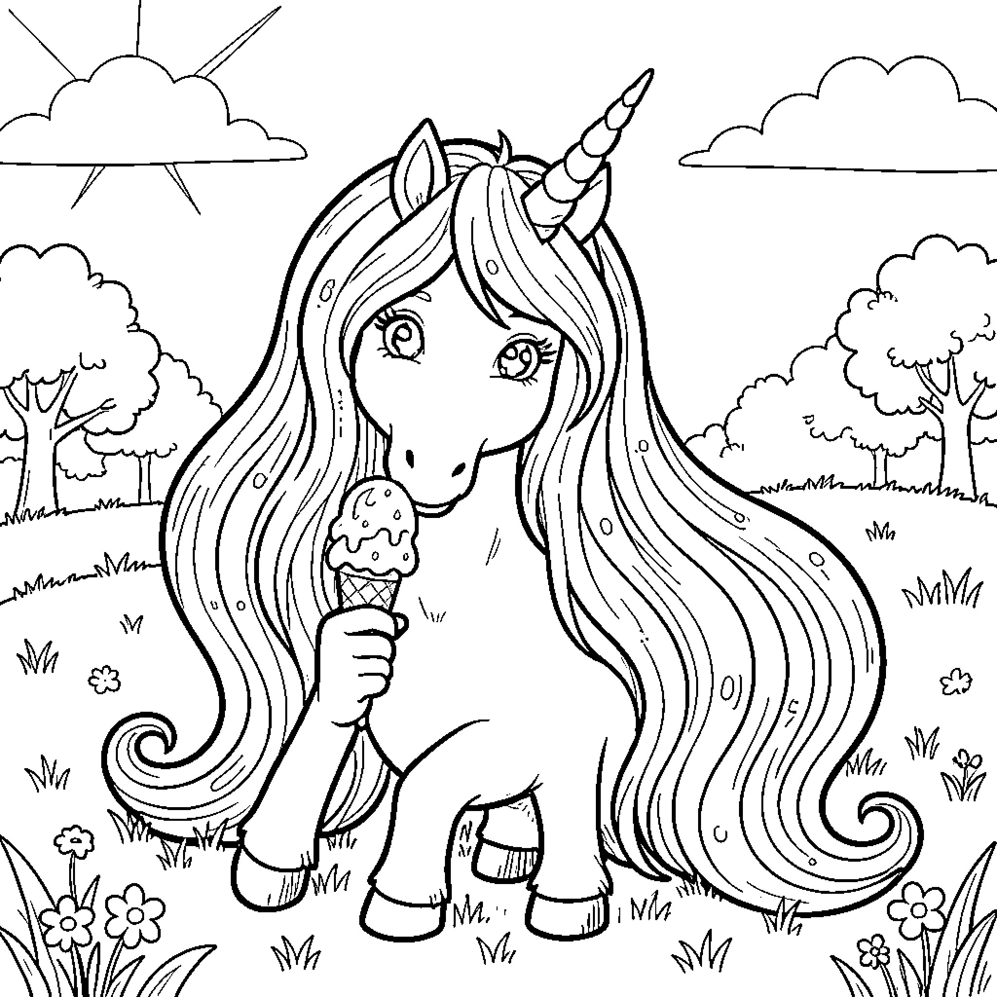 Unicorn enjoying an ice cream cone in a meadow Coloring Page (free black-and-white line drawing printable PDF for all, from beginners to advanced learners, including children, teens, adults, and seniors)