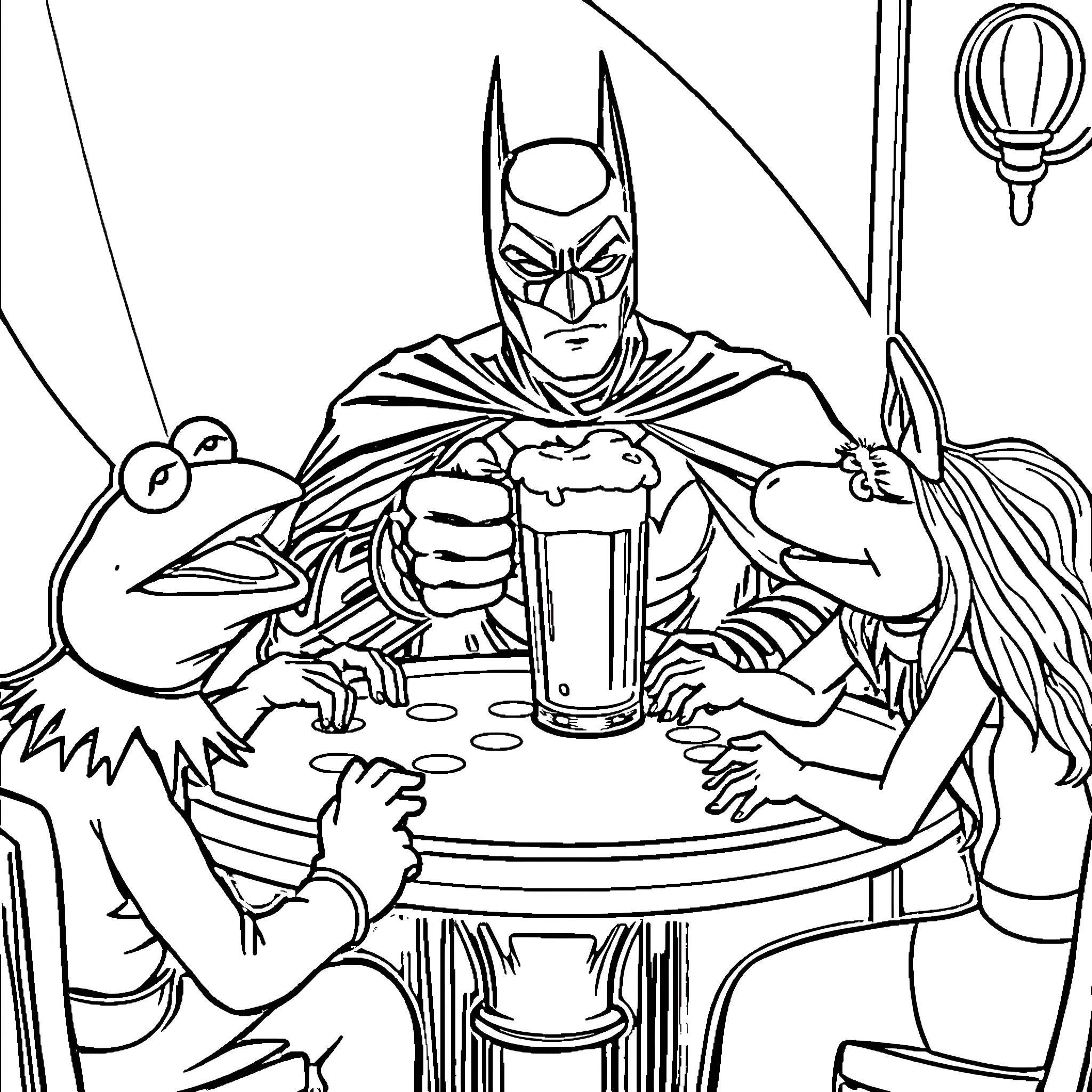 Batman Enjoying a Drink with Odd Companions Coloring Page (free black-and-white line drawing printable PDF for all, from beginners to advanced learners, including children, teens, adults, and seniors)