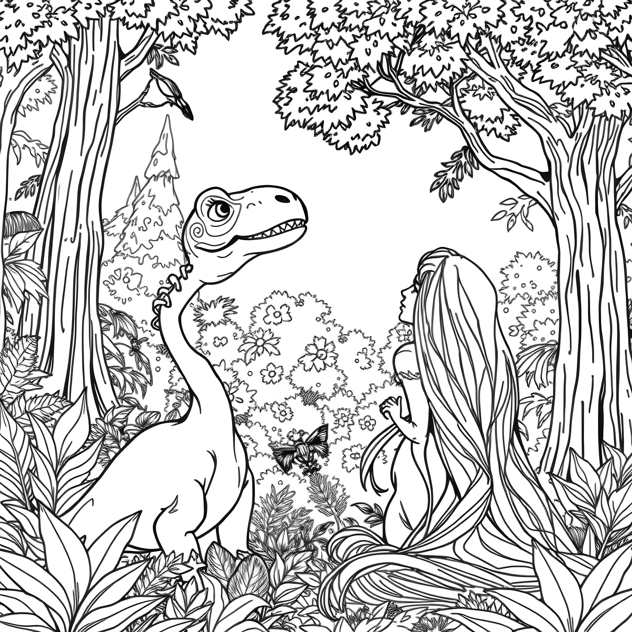 Rapunzel and the Friendly Dinosaur in the Enchanted Forest Coloring Page (free black-and-white line drawing printable PDF for all, from beginners to advanced learners, including children, teens, adults, and seniors)