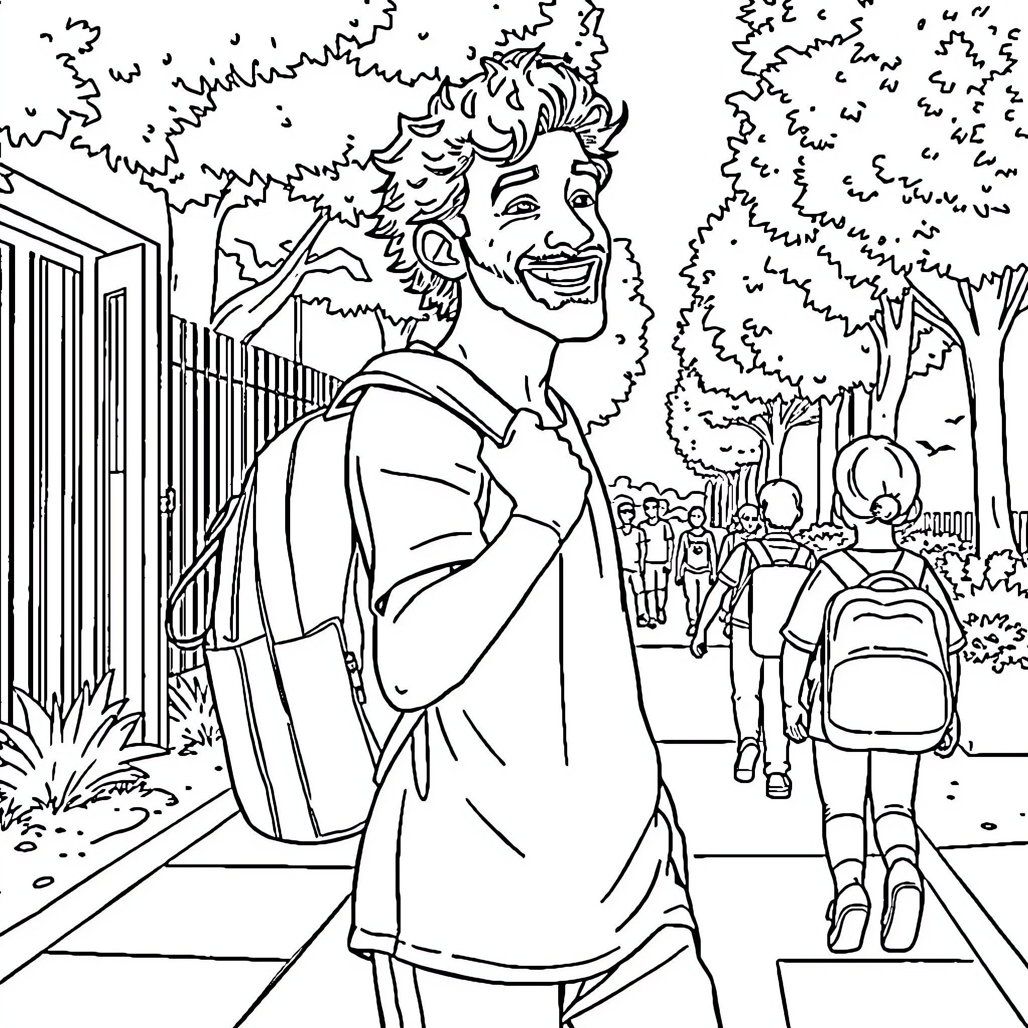 Mohamed Salah strolling through a lively neighborhood Coloring Page (free black-and-white line drawing printable PDF for all, from beginners to advanced learners, including children, teens, adults, and seniors)