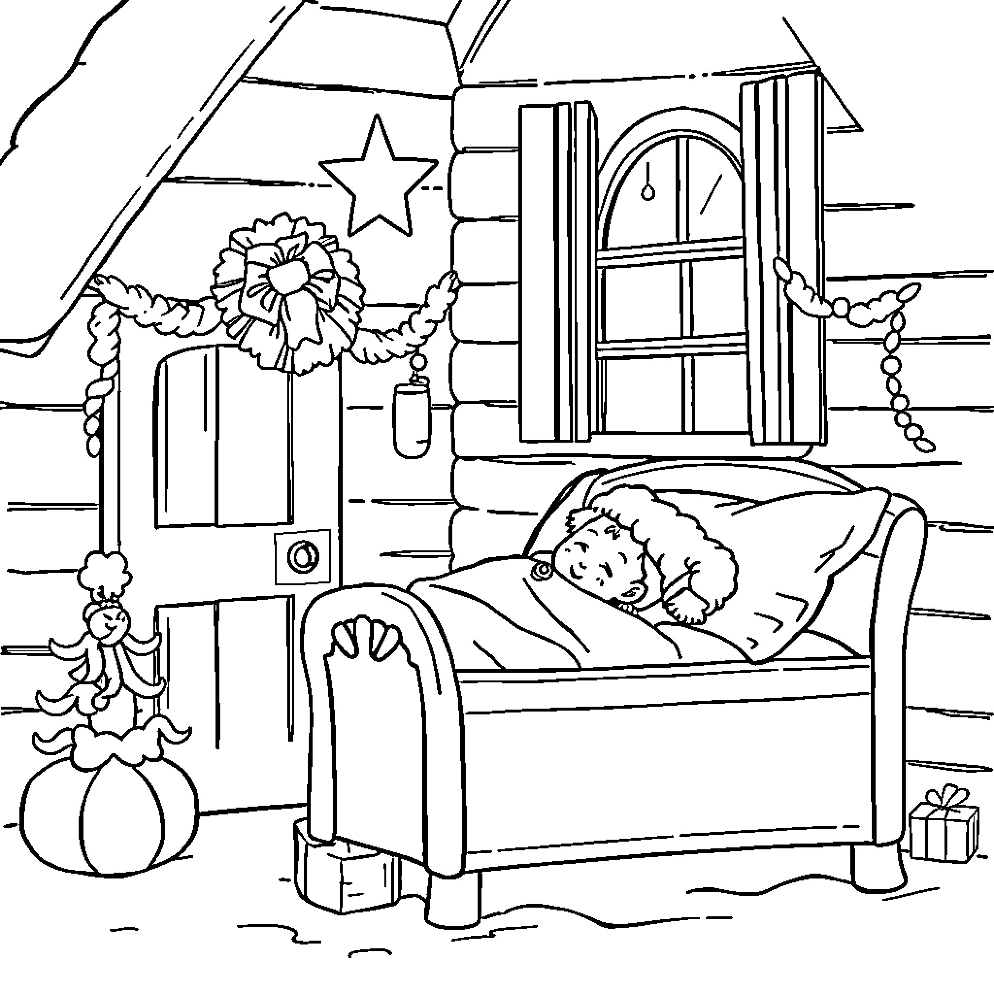 Père Noël's Cozy Winter Cabin Retreat Coloring Page (free black-and-white line drawing printable PDF for all, from beginners to advanced learners, including children, teens, adults, and seniors)