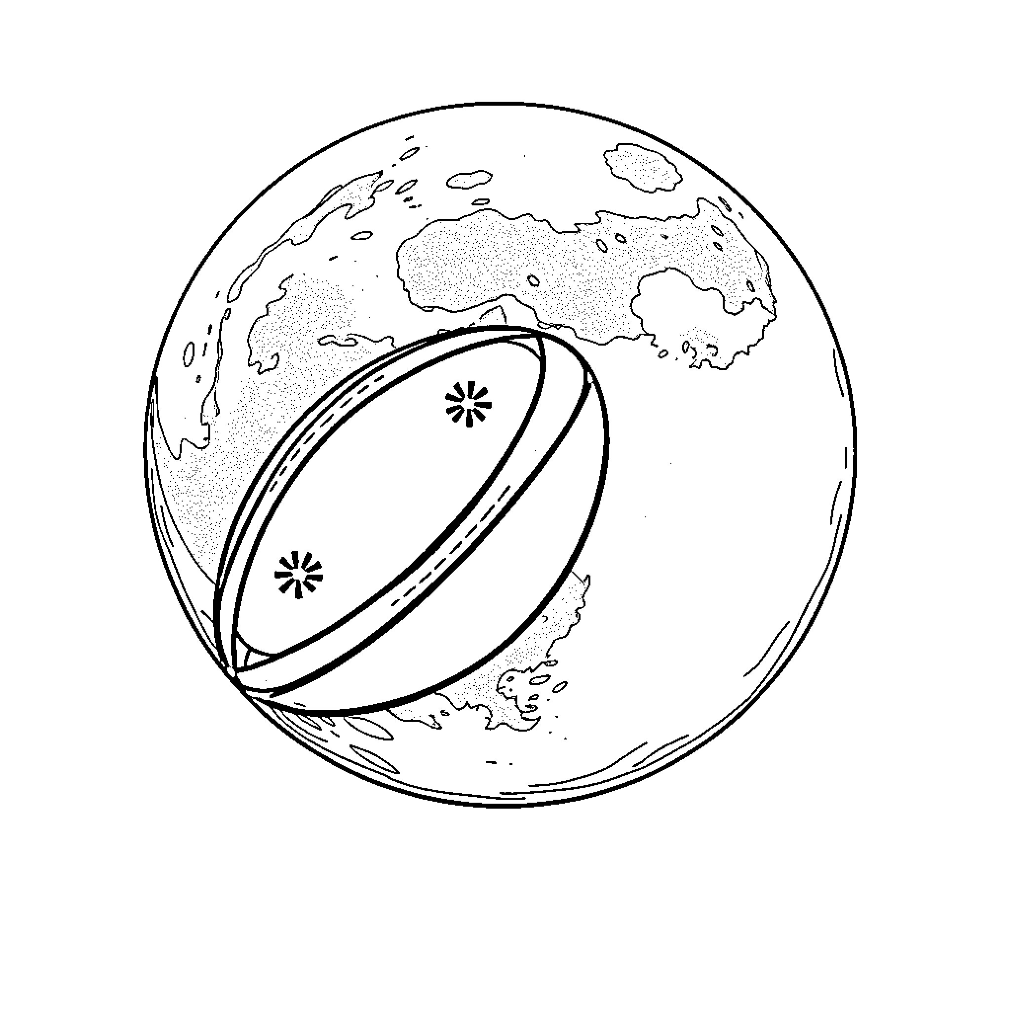 Rugby Ball Bouncing Around the World Coloring Page (free black-and-white line drawing printable PDF for all, from beginners to advanced learners, including children, teens, adults, and seniors)
