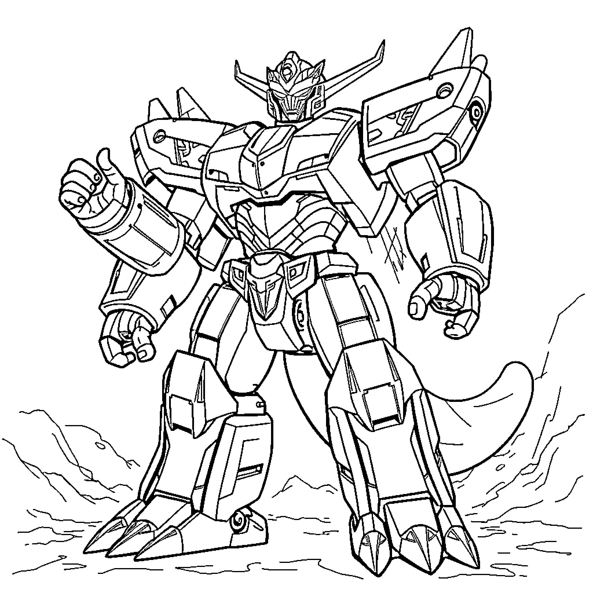 Megazord Fierce Warrior in Striking Pose Coloring Page (free black-and-white line drawing printable PDF for all, from beginners to advanced learners, including children, teens, adults, and seniors)