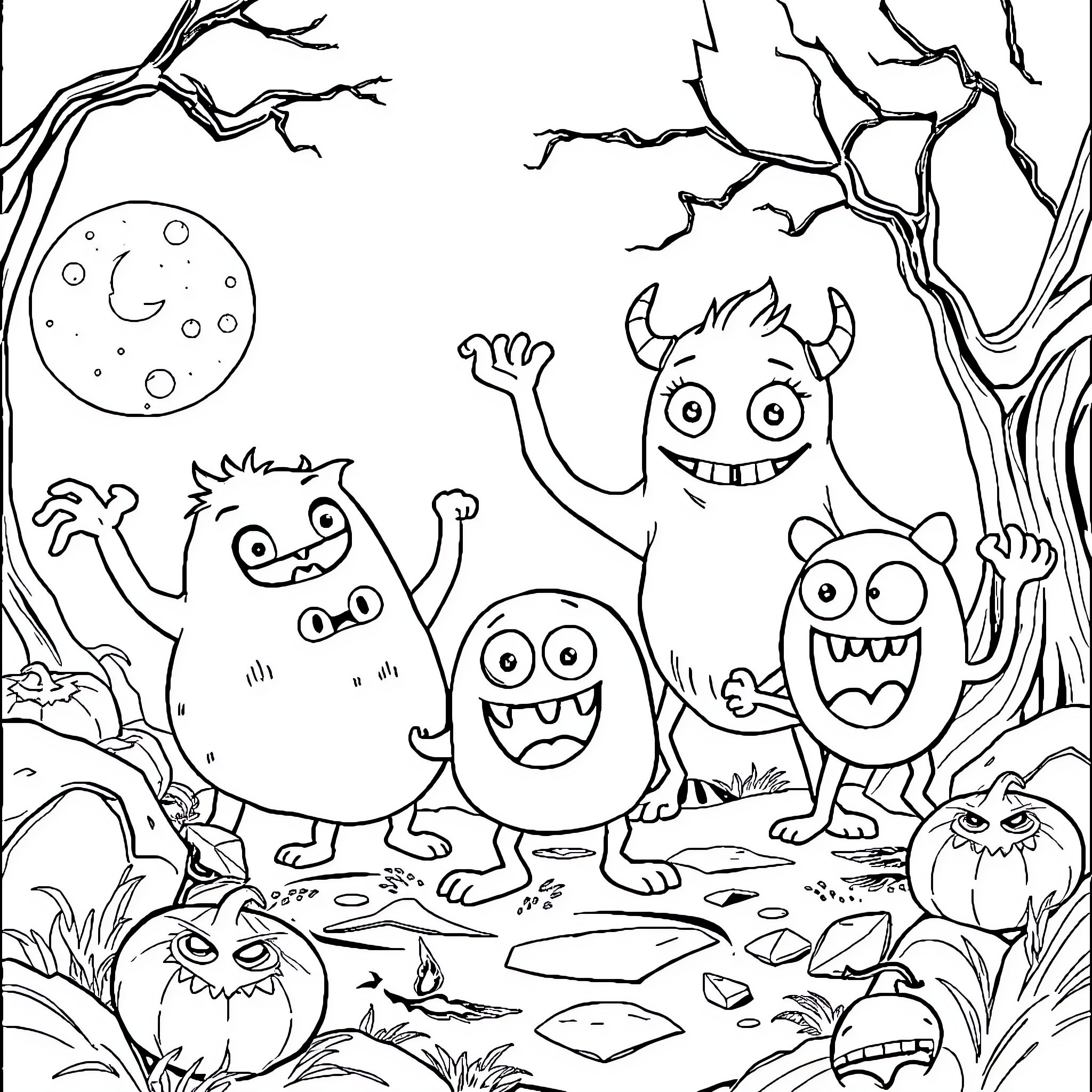 Spookiz Monsters Celebrating in Spooky Forest Coloring Page (free black-and-white line drawing printable PDF for all, from beginners to advanced learners, including children, teens, adults, and seniors)