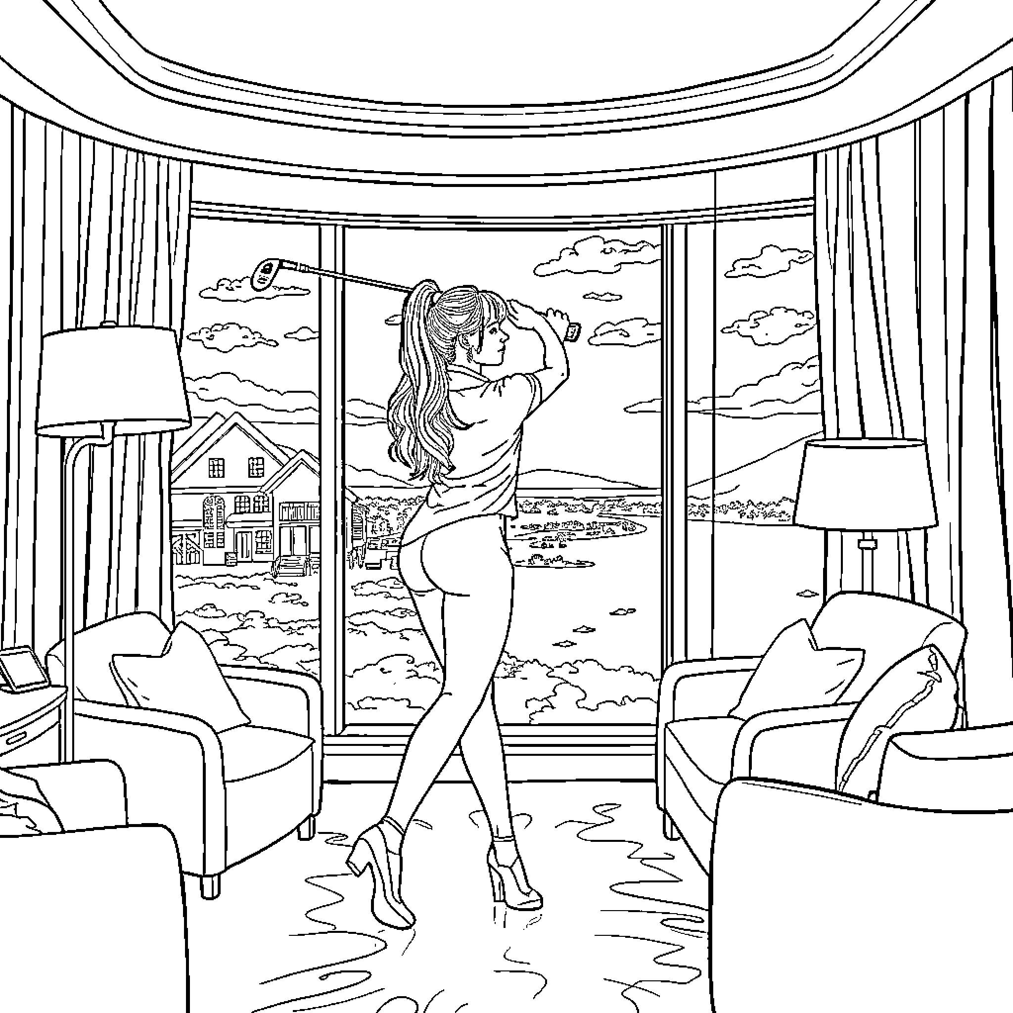 Ariana Grande in serene countryside view Coloring Page (free black-and-white line drawing printable PDF for all, from beginners to advanced learners, including children, teens, adults, and seniors)