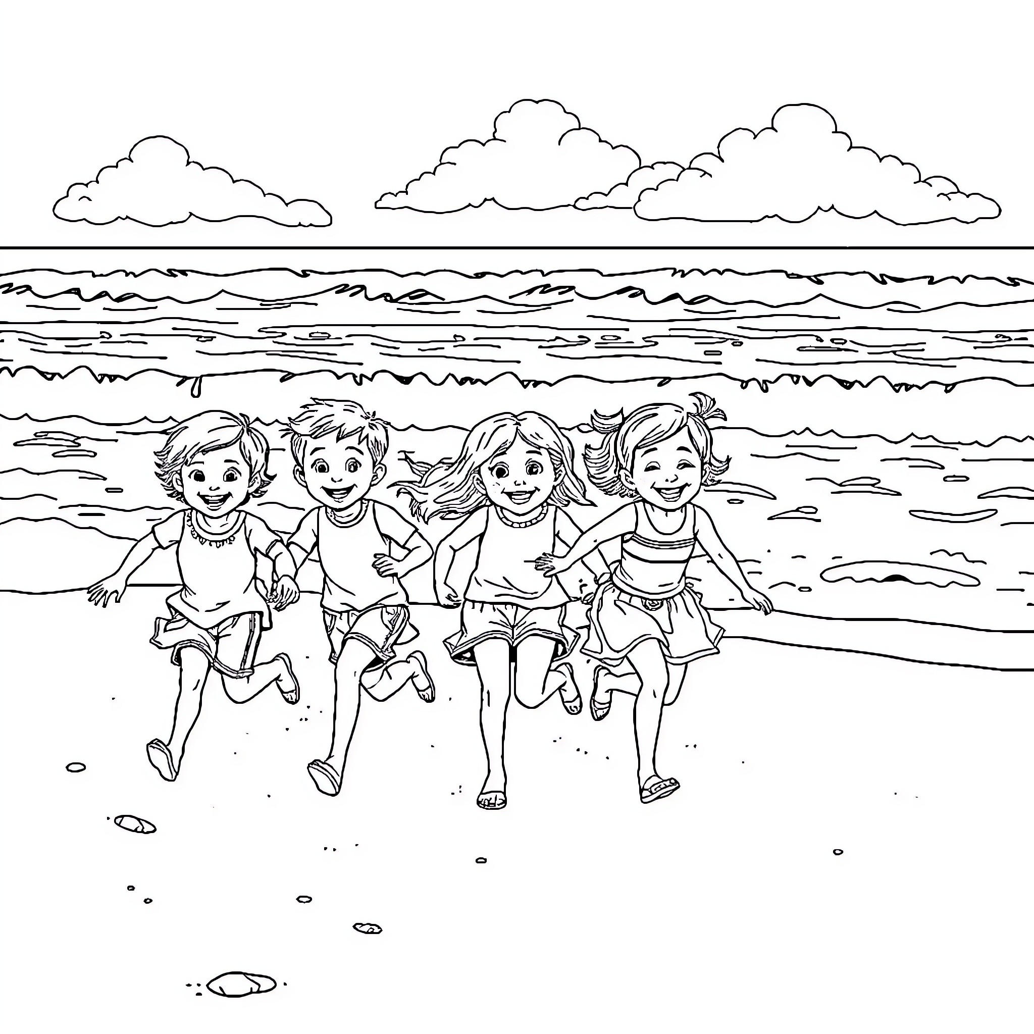 Kids happily running and playing on the beach Coloring Page (free black-and-white line drawing printable PDF for all, from beginners to advanced learners, including children, teens, adults, and seniors)