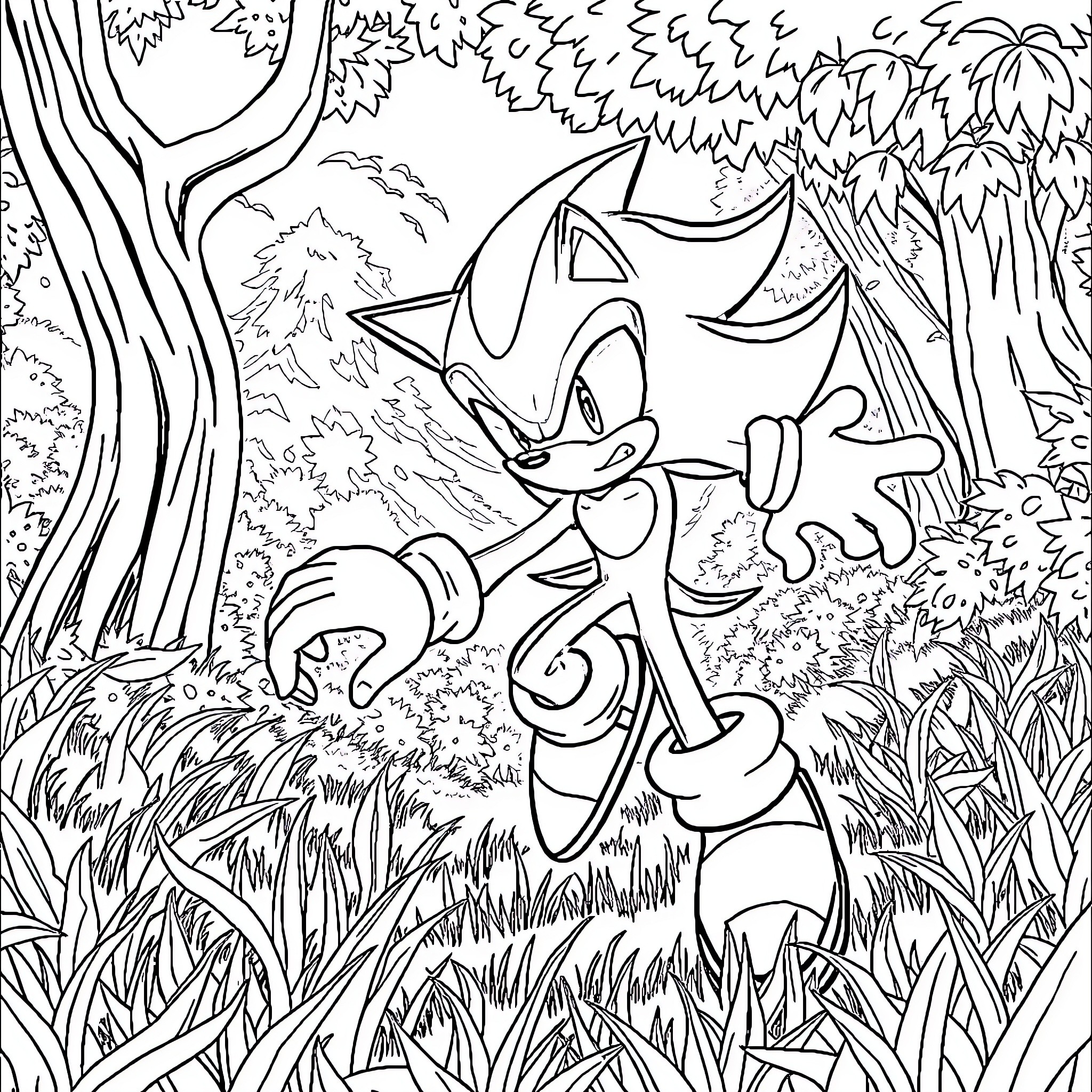 Sonic Running Through the Enchanted Forest Coloring Page (free black-and-white line drawing printable PDF for all, from beginners to advanced learners, including children, teens, adults, and seniors)