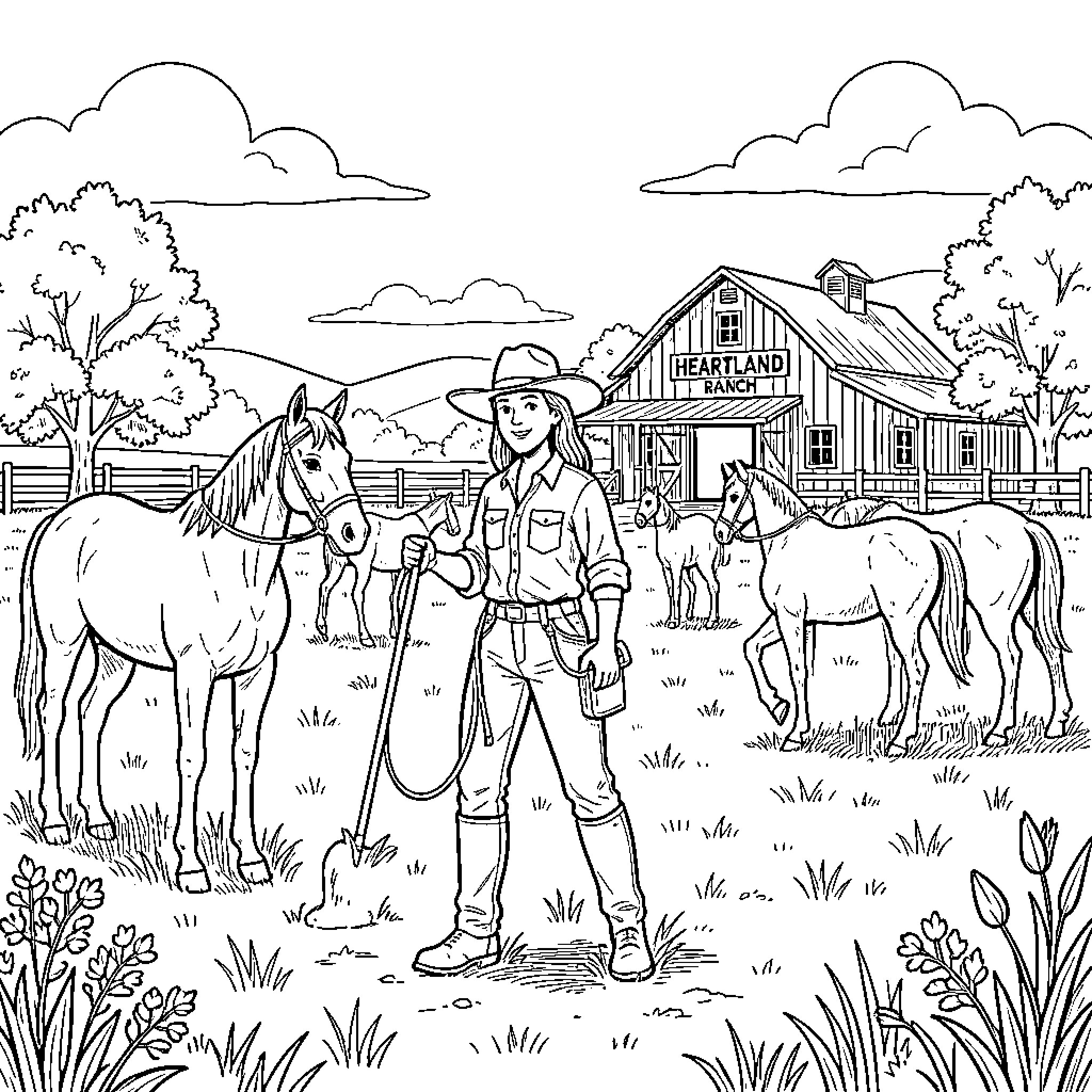 Amy Fleming standing with horses near a ranch Coloring Page (free black-and-white line drawing printable PDF for all, from beginners to advanced learners, including children, teens, adults, and seniors)