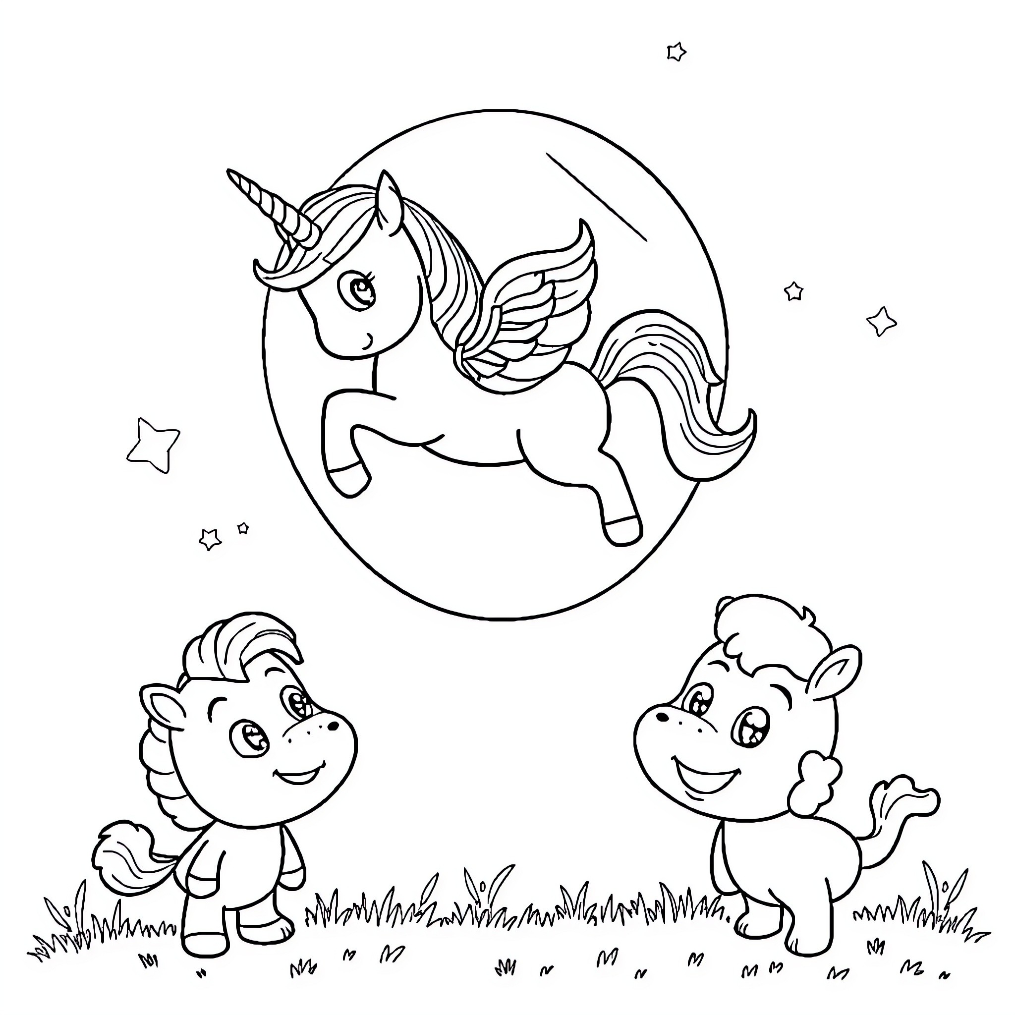 Unicorn flying joyfully with fairy companions Coloring Page (free black-and-white line drawing printable PDF for all, from beginners to advanced learners, including children, teens, adults, and seniors)