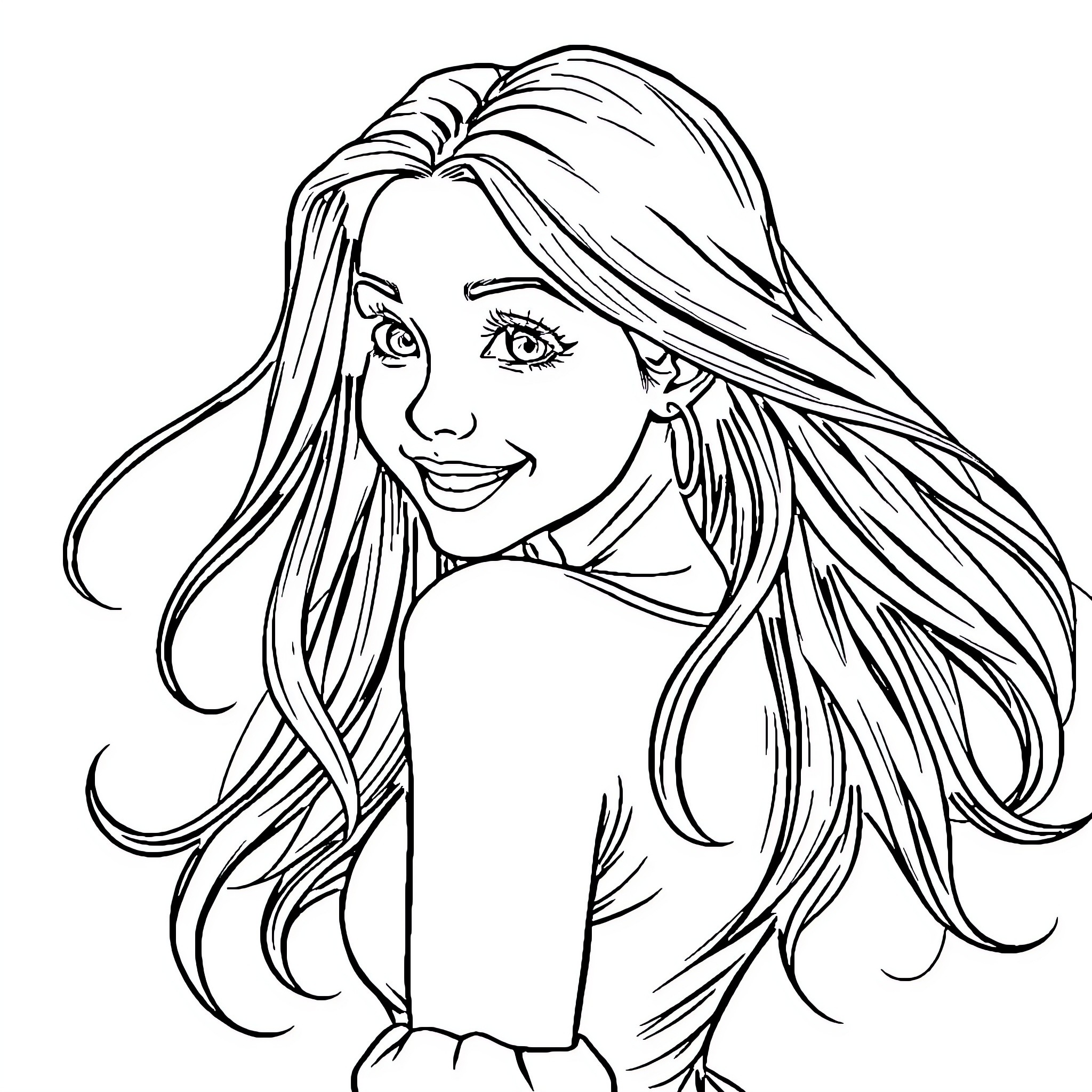 Girl with Flowing Locks and Radiant Expression Coloring Page (free black-and-white line drawing printable PDF for all, from beginners to advanced learners, including children, teens, adults, and seniors)