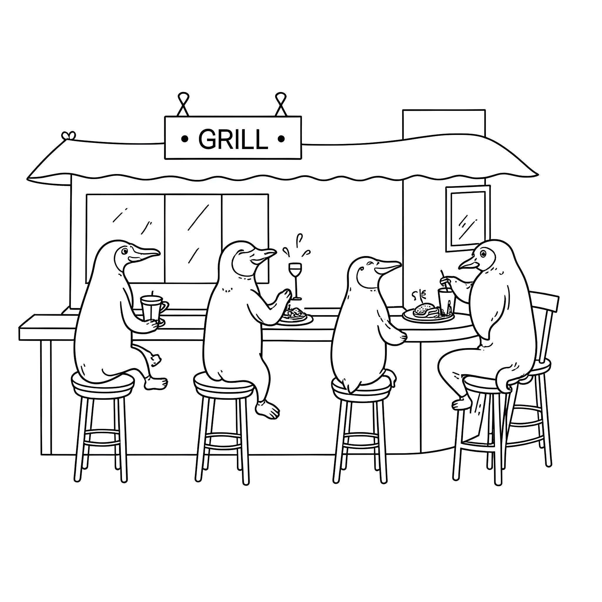 Penguins enjoying a meal at the Grill Coloring Page (free black-and-white line drawing printable PDF for all, from beginners to advanced learners, including children, teens, adults, and seniors)