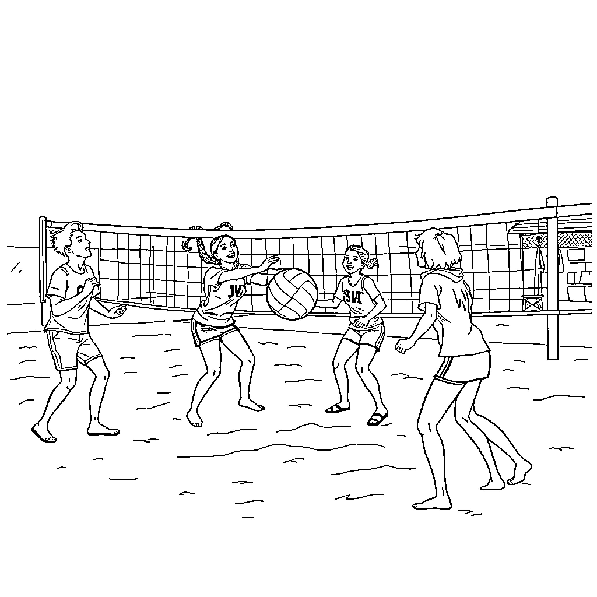 Salle Explorer: Group Volleyball Game on the Beach Coloring Page (free black-and-white line drawing printable PDF for all, from beginners to advanced learners, including children, teens, adults, and seniors)