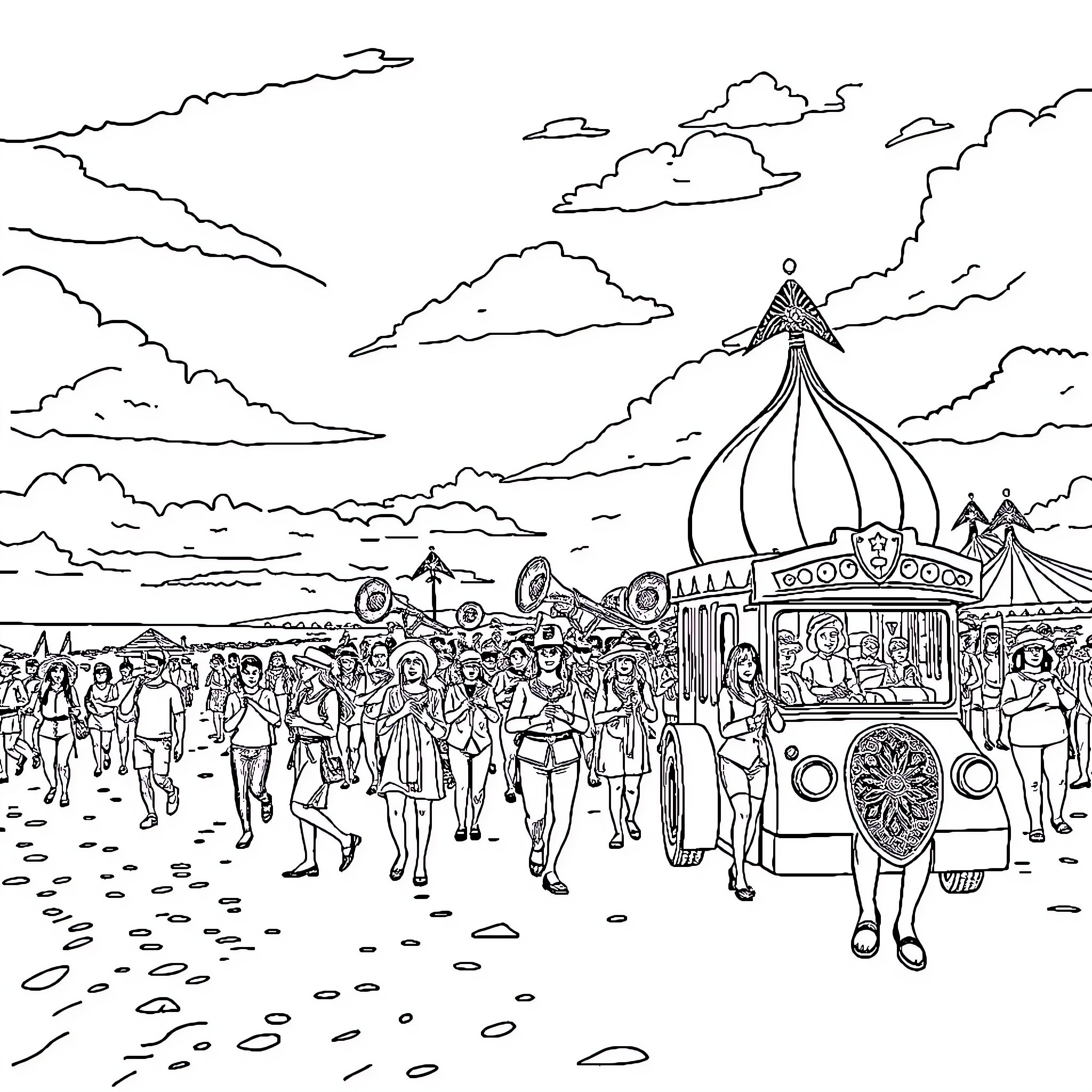 Parade of Festive Crowds and Carnival Attractions Coloring Page (free black-and-white line drawing printable PDF for all, from beginners to advanced learners, including children, teens, adults, and seniors)